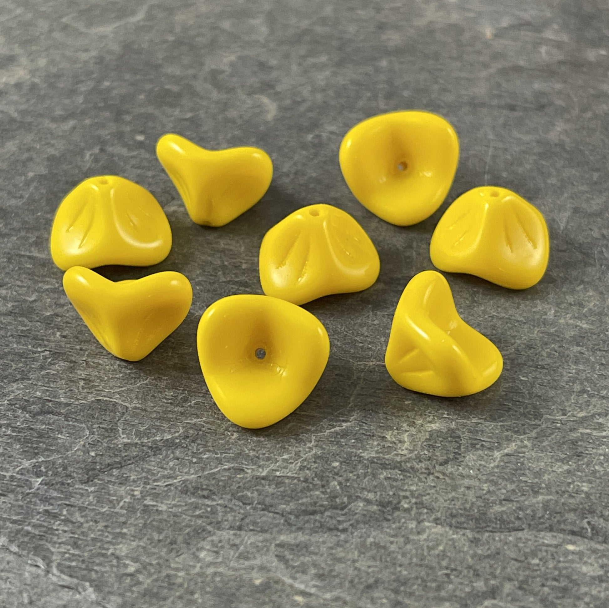 Opaque Yellow Flower Dark Purple 3-Petal Flower Beads Czech Glass Beads Opaque Flower 12x9mm Bell Flower Bead (FLLB/RJ-1090) * Qty. 8