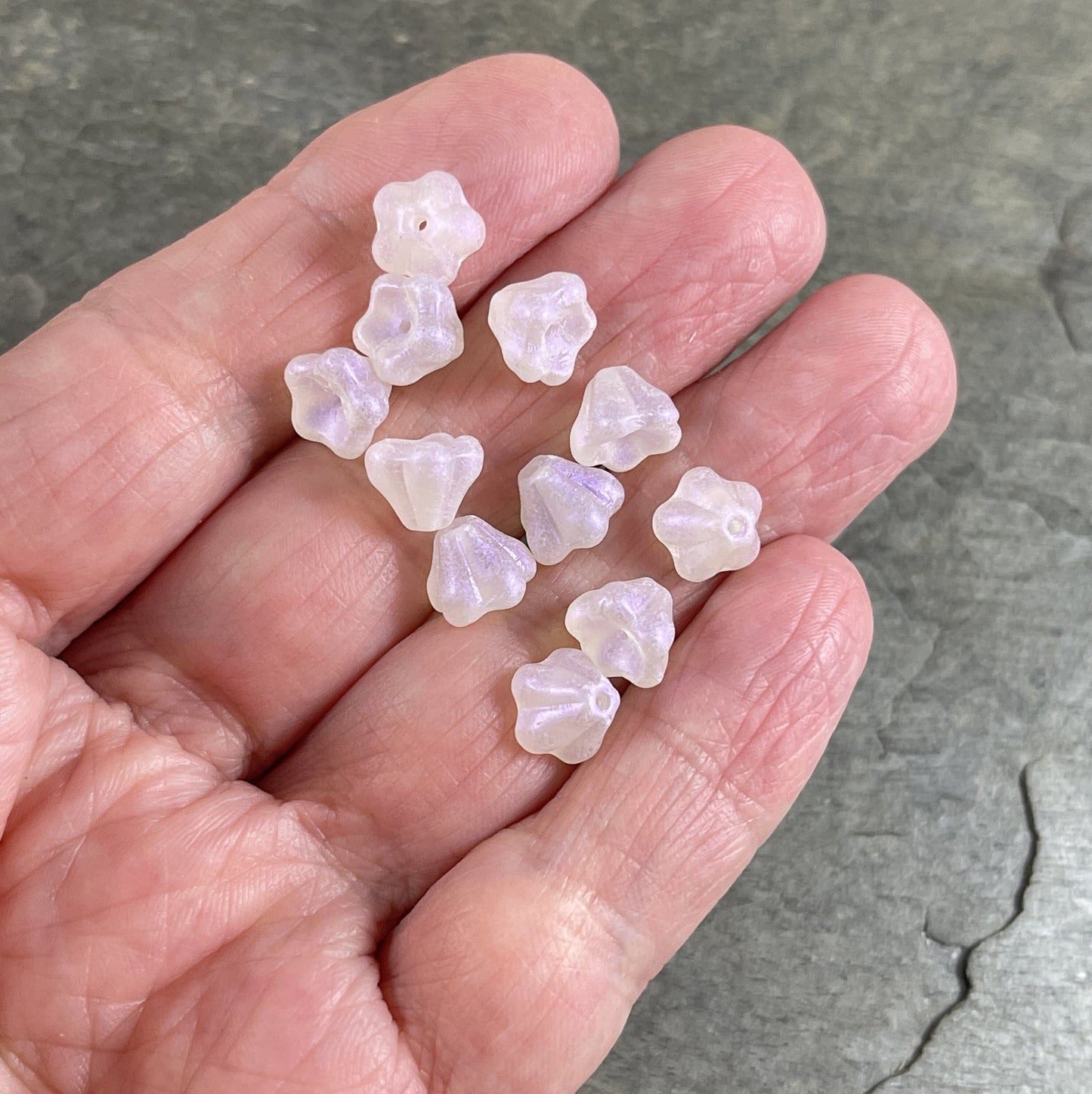 Barely Pink Opalescent Czech Glass Flower Beads Pale Pink Opalescent Bell Flower 6x8mm Pink Flower Beads (BF/SM-S19C70100) - Qty 12