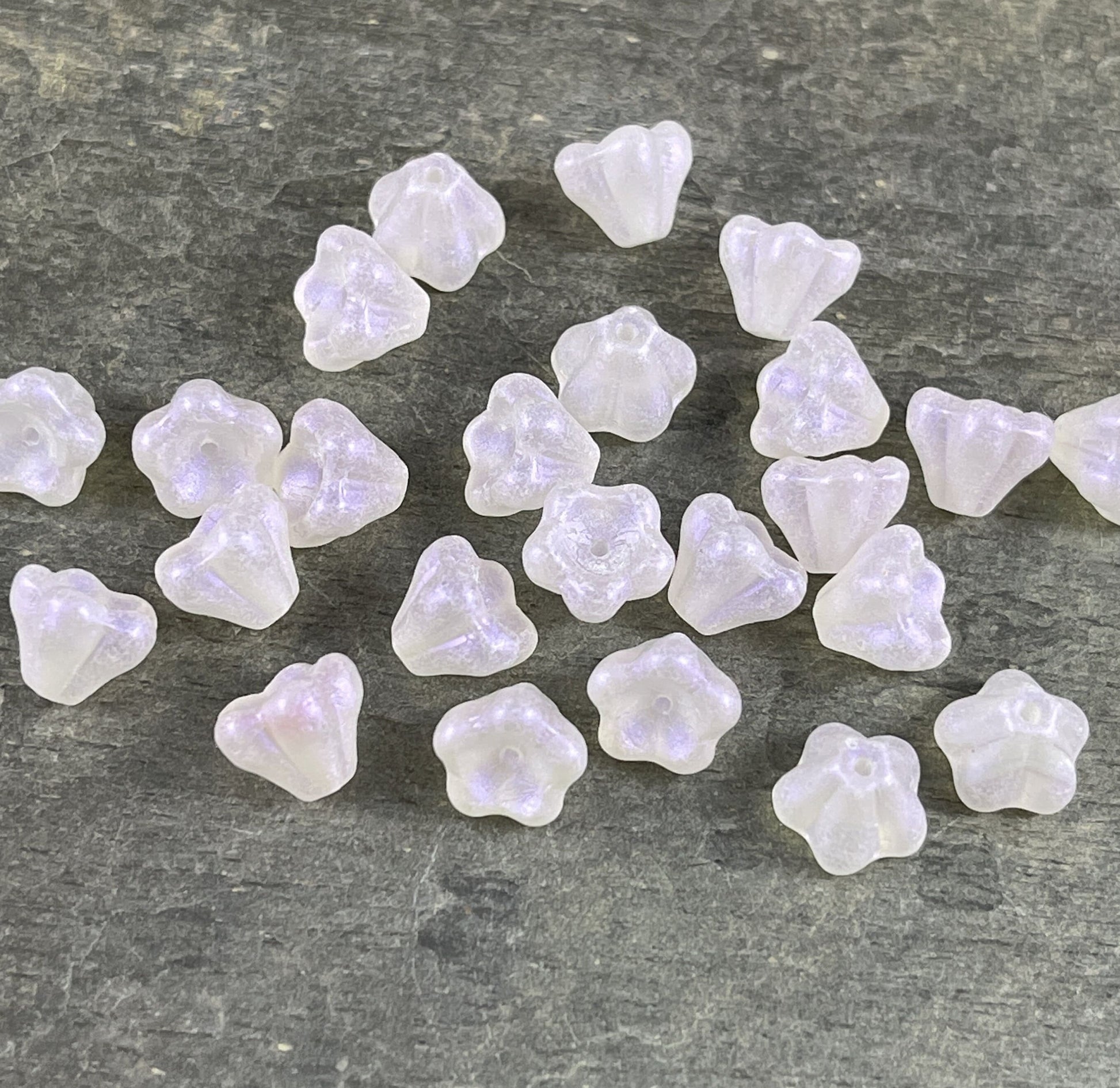 Barely Pink Opalescent Czech Glass Flower Beads Pale Pink Opalescent Bell Flower 6x8mm Pink Flower Beads (BF/SM-S19C70100) - Qty 12