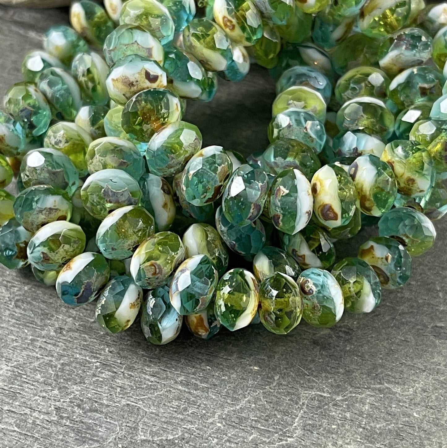 Aqua Olivine and White Picasso Rondelles Multi Colored Blue-Green Czech Beads 8x6mm Rondelle Czech Glass Beads (R8/RJ-2610) * Qty. 25