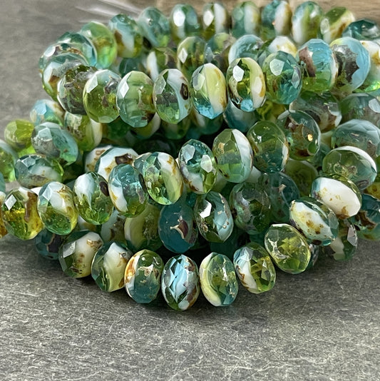 Aqua Olivine and White Picasso Rondelles Multi Colored Blue-Green Czech Beads 8x6mm Rondelle Czech Glass Beads (R8/RJ-2610) * Qty. 25