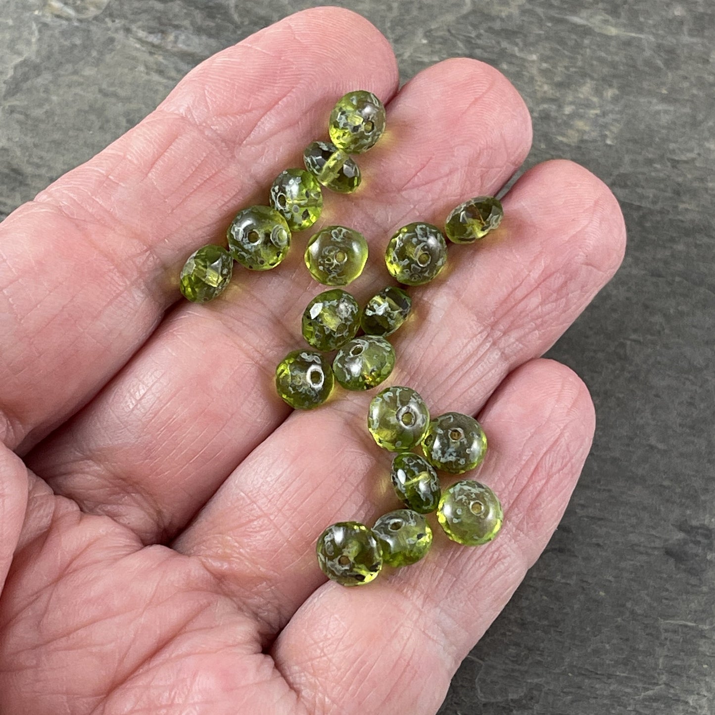 Transparent Olive Green Picasso Beads ~ 7x5mm Czech Glass Rondelle ~ Olive Green Glass Beads with Light Picasso (R7/RJ-0759) * Qty 25