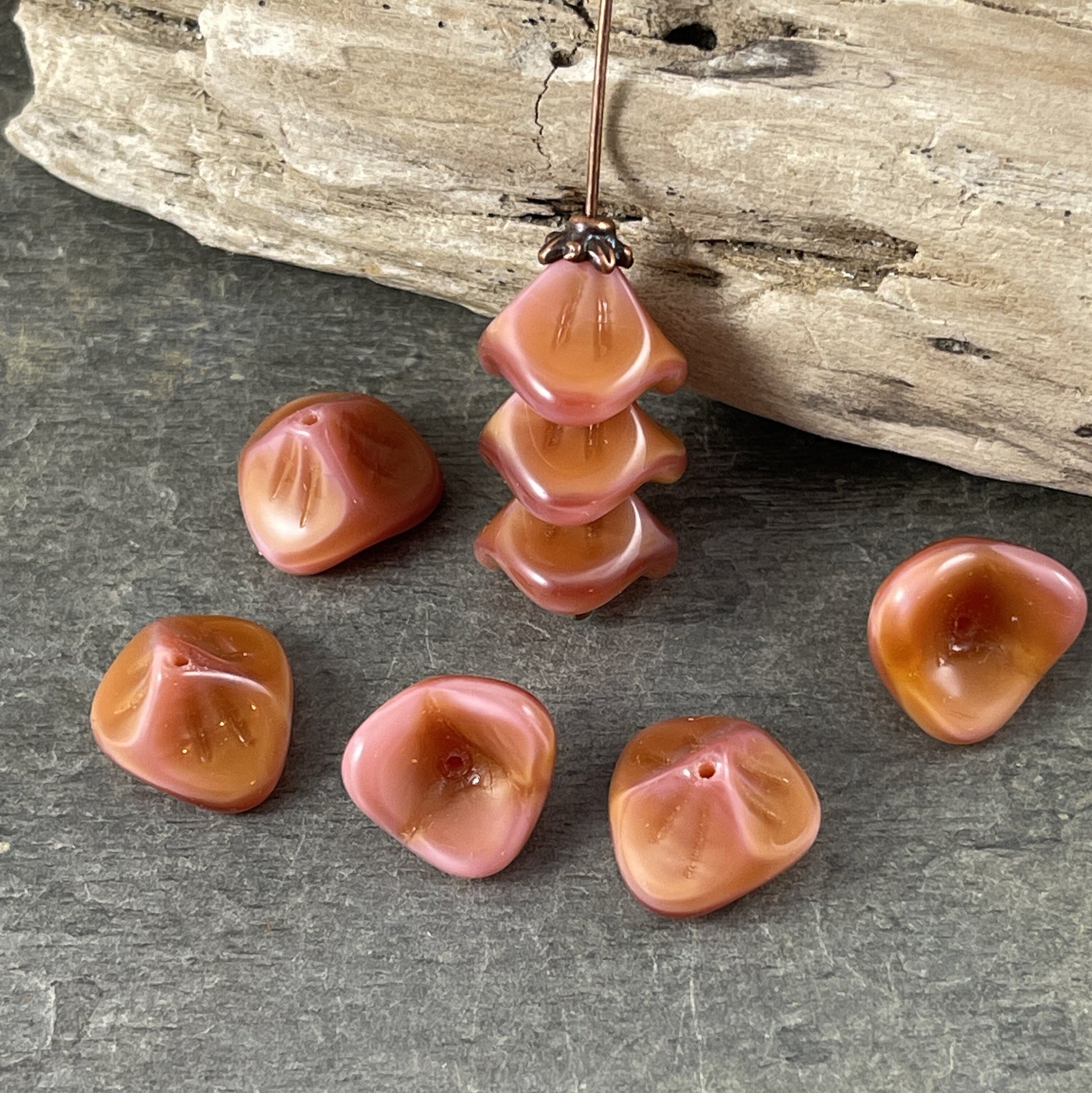 Peach Silk Flower ~ Amber Pink 3-Petal Flower Beads ~ Czech Glass Beads ~ 12x9mm Peachy Pink Bell Flower Bead (FLLB/RJ-1043) * Qty. 8