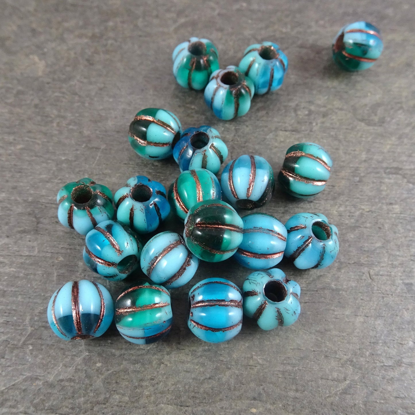 Czech Glass Beads - 8mm Large Hole Melon 8mm Blue and Green Glass Beads with Copper Wash Large Hole Czech Beads (BH8/N-066) *