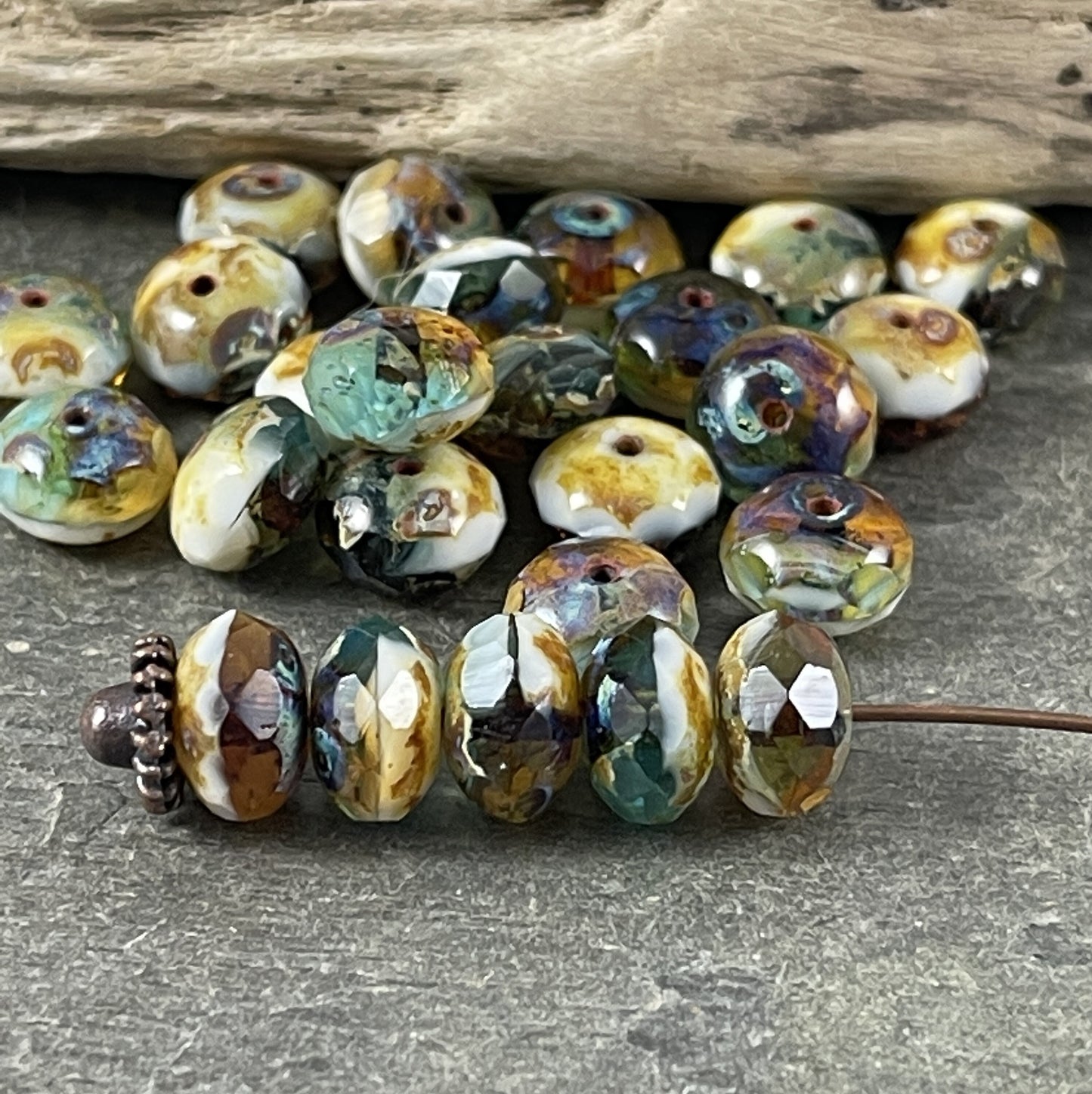 Aqua Ivory and Amber Picasso Beads 8x6mm Rondelle Czech Glass Beads Brown Aqua and Opaque Ivory Picasso Rondelle (R8/RJ-2608) * Qty. 25