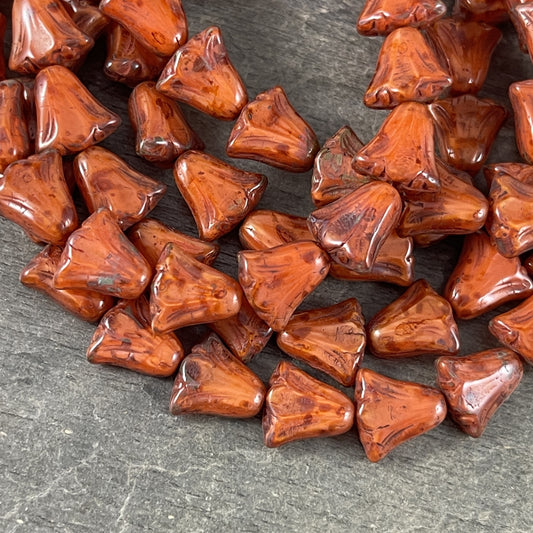 Czech Glass Flower Beads 10mm Dark Orange Lily Flower Orange Tulip Beads Rustic Orange Glass Flower (FLL/RJ-1268) * Qty. 10