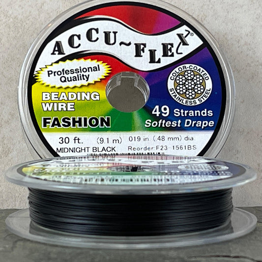 Black Accu~Flex Beading Wire Midnight Black Wire 49 Strand Beading Wire 30 Feet (.019in thickness) Stainless Steel Coated Wire - 1 spool