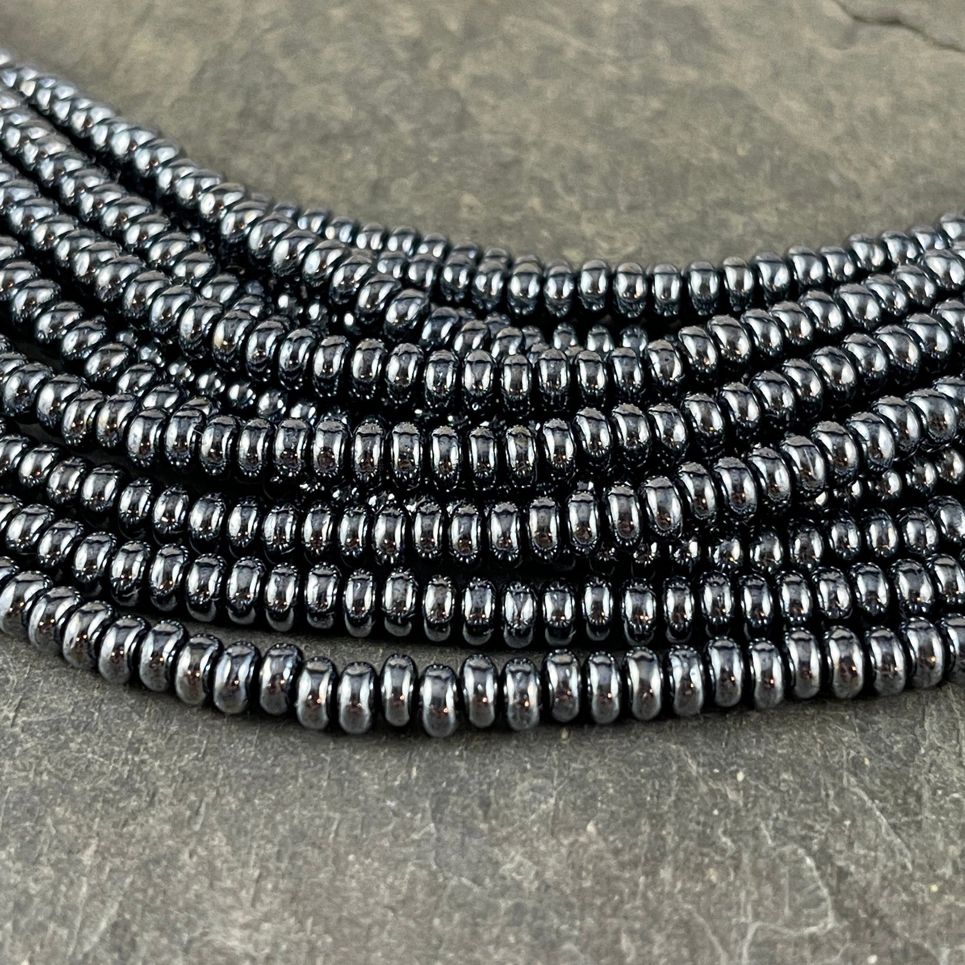 Dark Gray Metallic 4x2mm Rondelle Czech Glass Beads Hematite Gunmetal Czech Beads (RD4/SM-14400) - Qty. 100