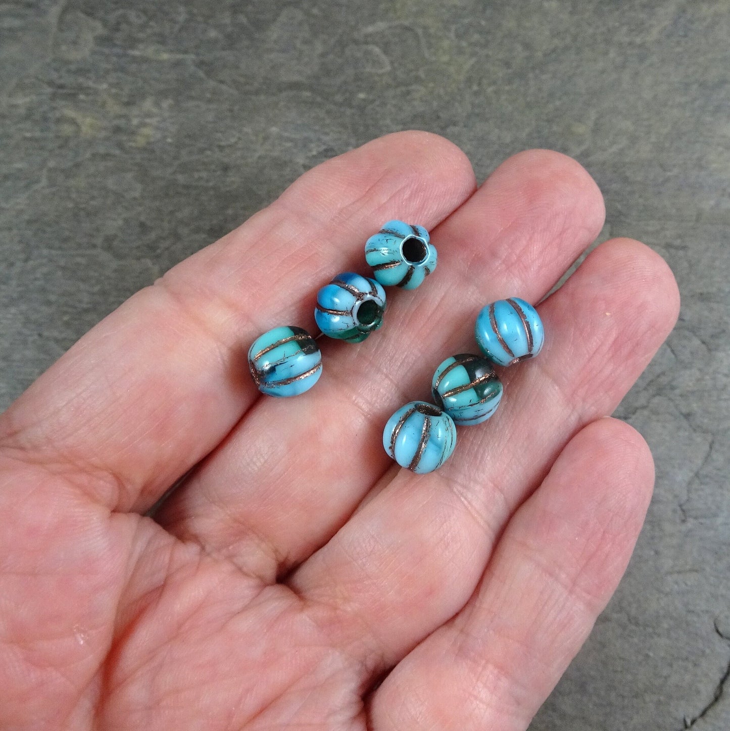 Czech Glass Beads - 8mm Large Hole Melon 8mm Blue and Green Glass Beads with Copper Wash Large Hole Czech Beads (BH8/N-066) *