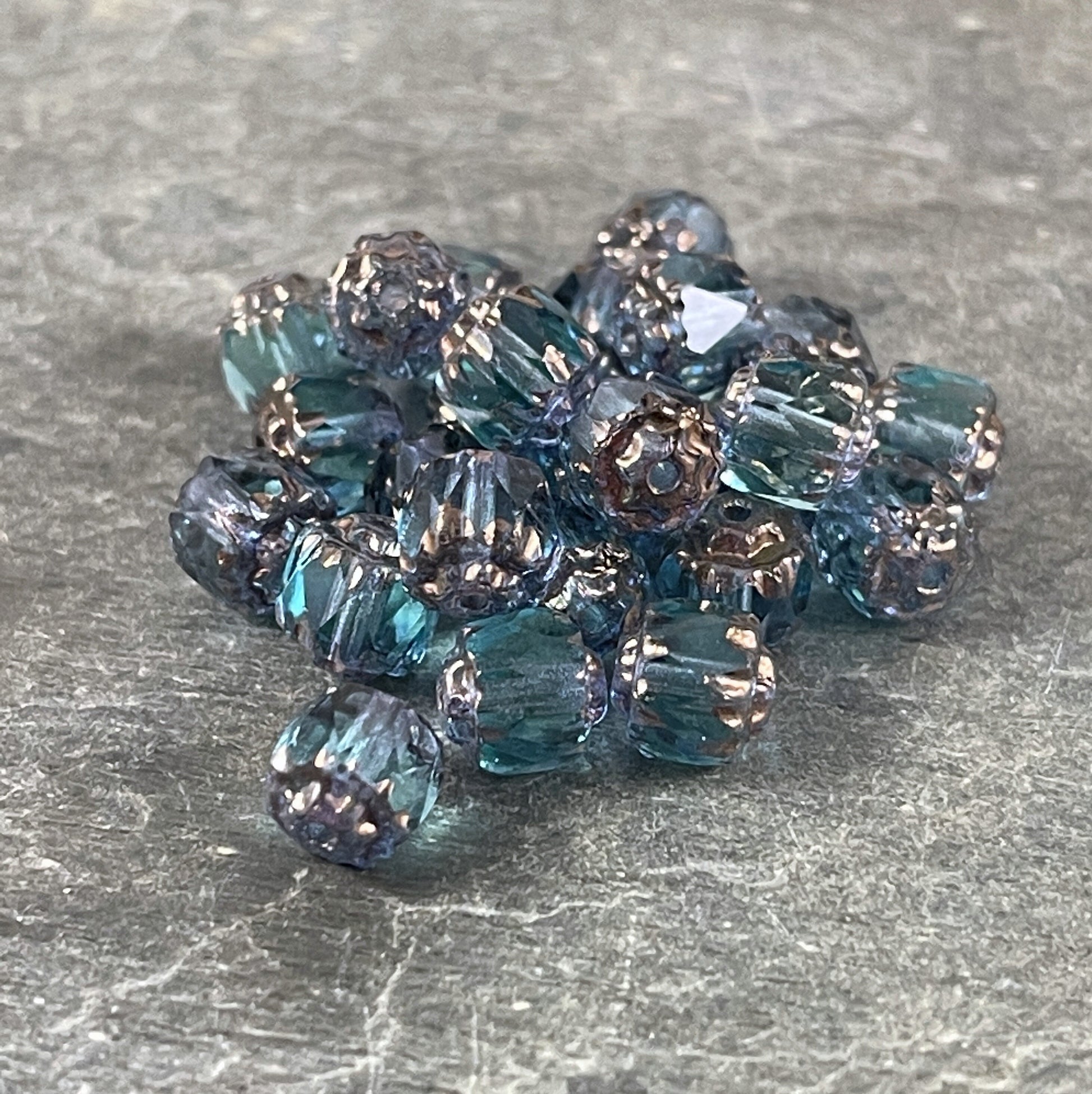 6mm Cathedral Faceted Glass Beads Transparent Blue with Bronze Picasso 6mm Czech Glass Crown Bead (CAT6/N-028) * Qty. 20