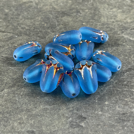 Matte Capri Blue Flower Czech Glass Beads 12x8mm Lily Bud Flower Blue with Sliperit Finish (LBud29) Colorful Czech Flower Beads - Qty. 12