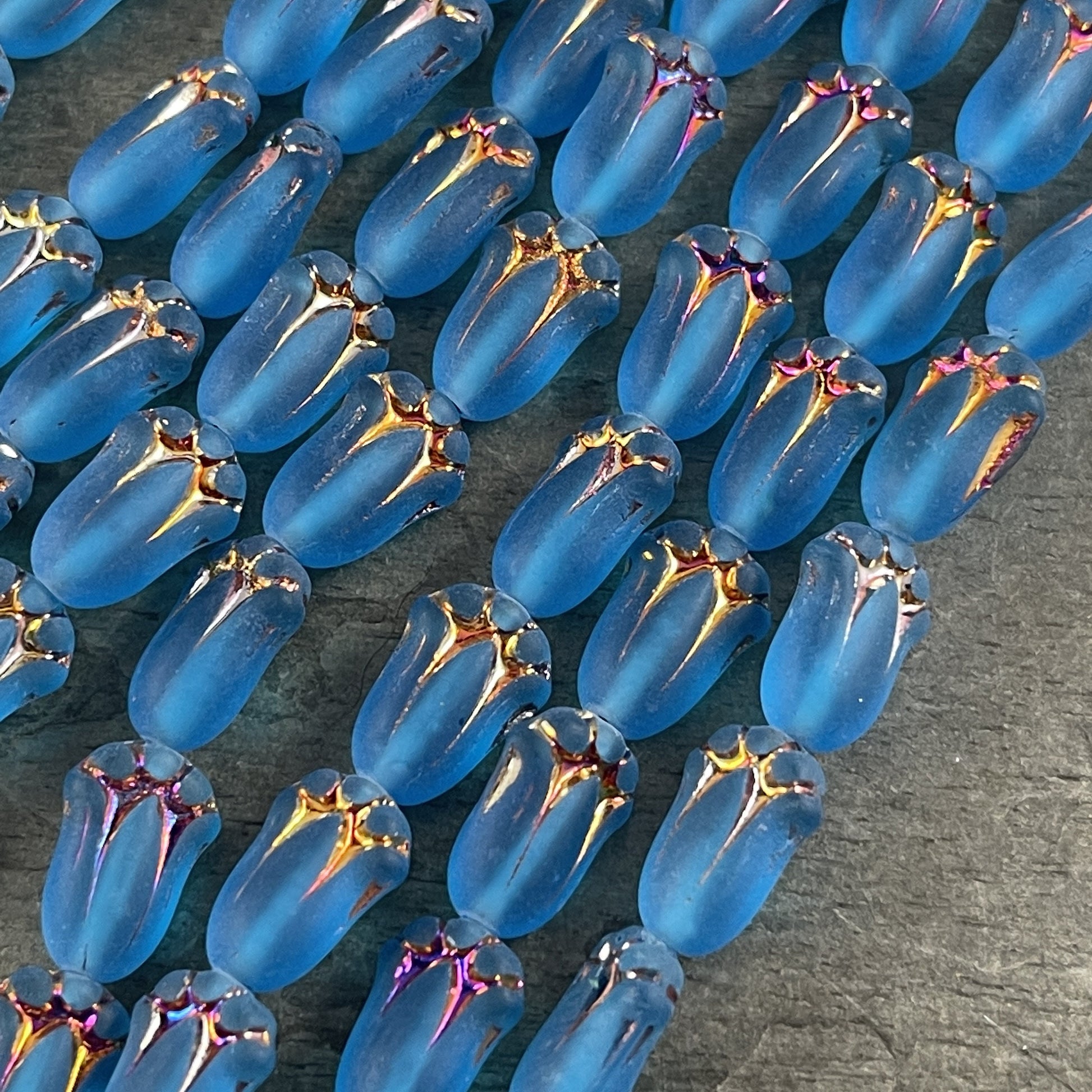 Matte Capri Blue Flower Czech Glass Beads 12x8mm Lily Bud Flower Blue with Sliperit Finish (LBud29) Colorful Czech Flower Beads - Qty. 12