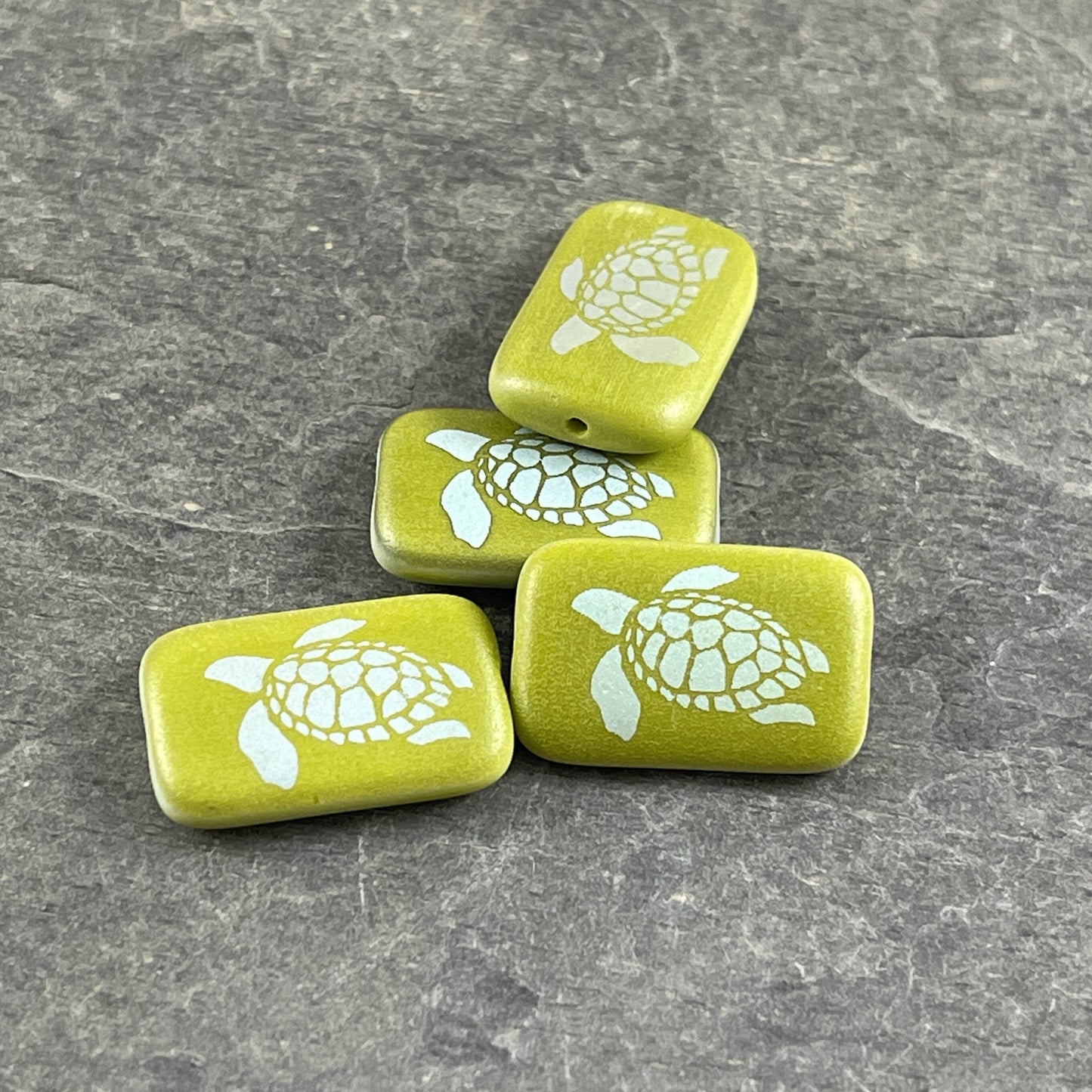 Olive Green Sea Turtle Beads Czech Glass Beads Avocado Green with AB Laser Etched Turtle Design Double Sided (LTPG250) - Qty. 4