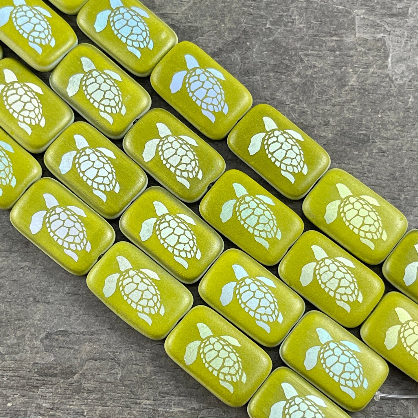 Olive Green Sea Turtle Beads Czech Glass Beads Avocado Green with AB Laser Etched Turtle Design Double Sided (LTPG250) - Qty. 4