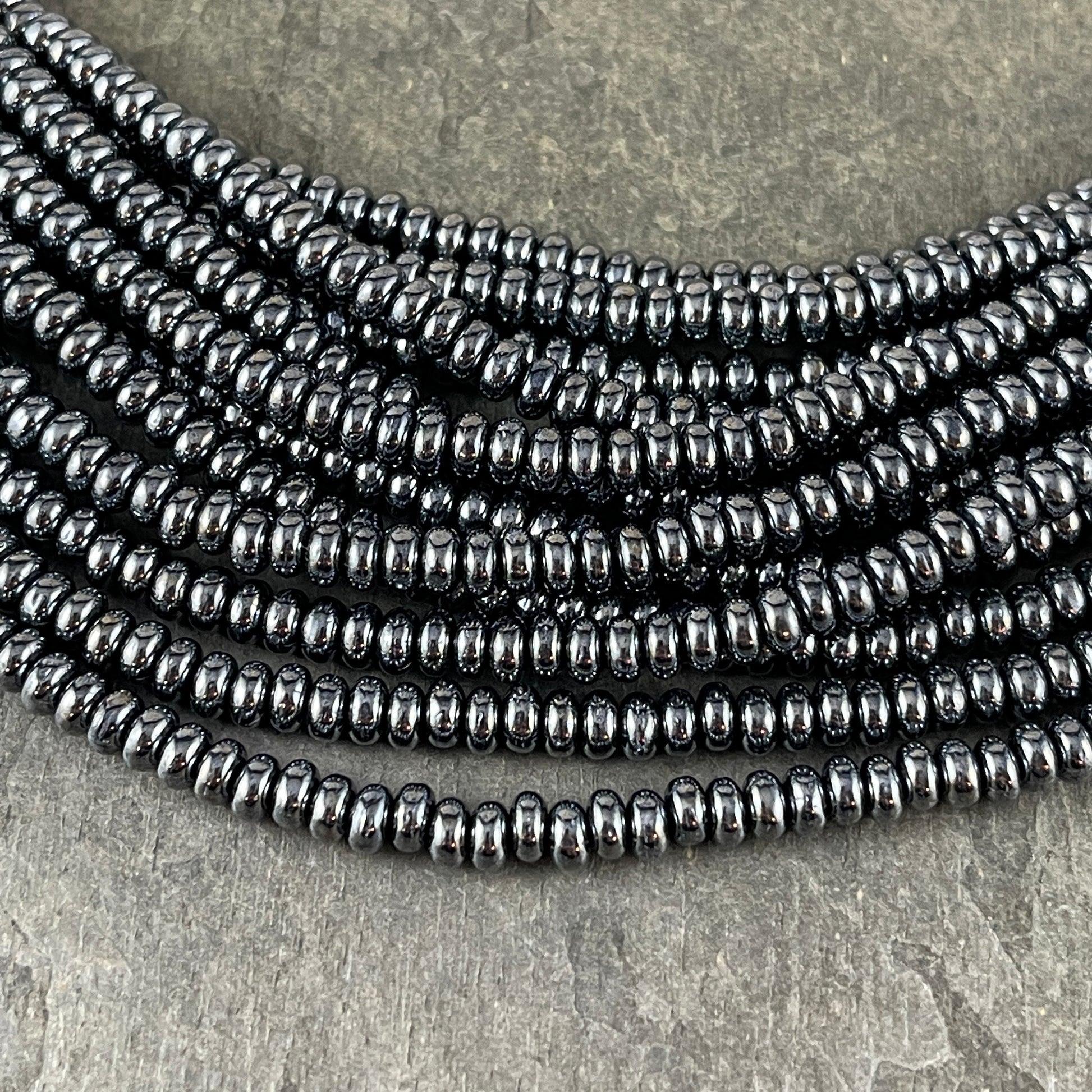 Dark Gray Metallic 4x2mm Rondelle Czech Glass Beads Hematite Gunmetal Czech Beads (RD4/SM-14400) - Qty. 100