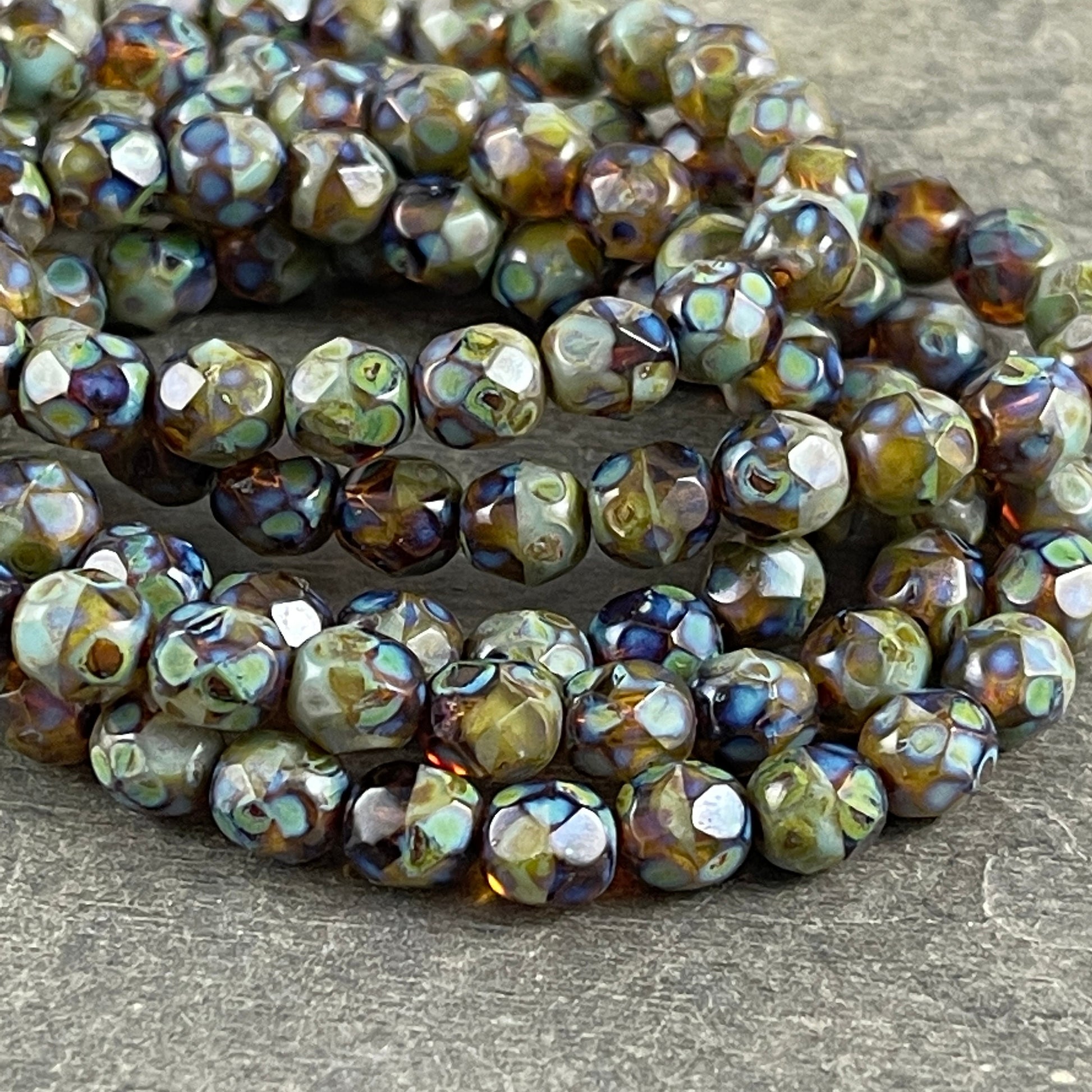 6mm Brown and Green Czech Glass Faceted Round Beads with Full Picasso Finish (FP6/N-034B) * Qty 25