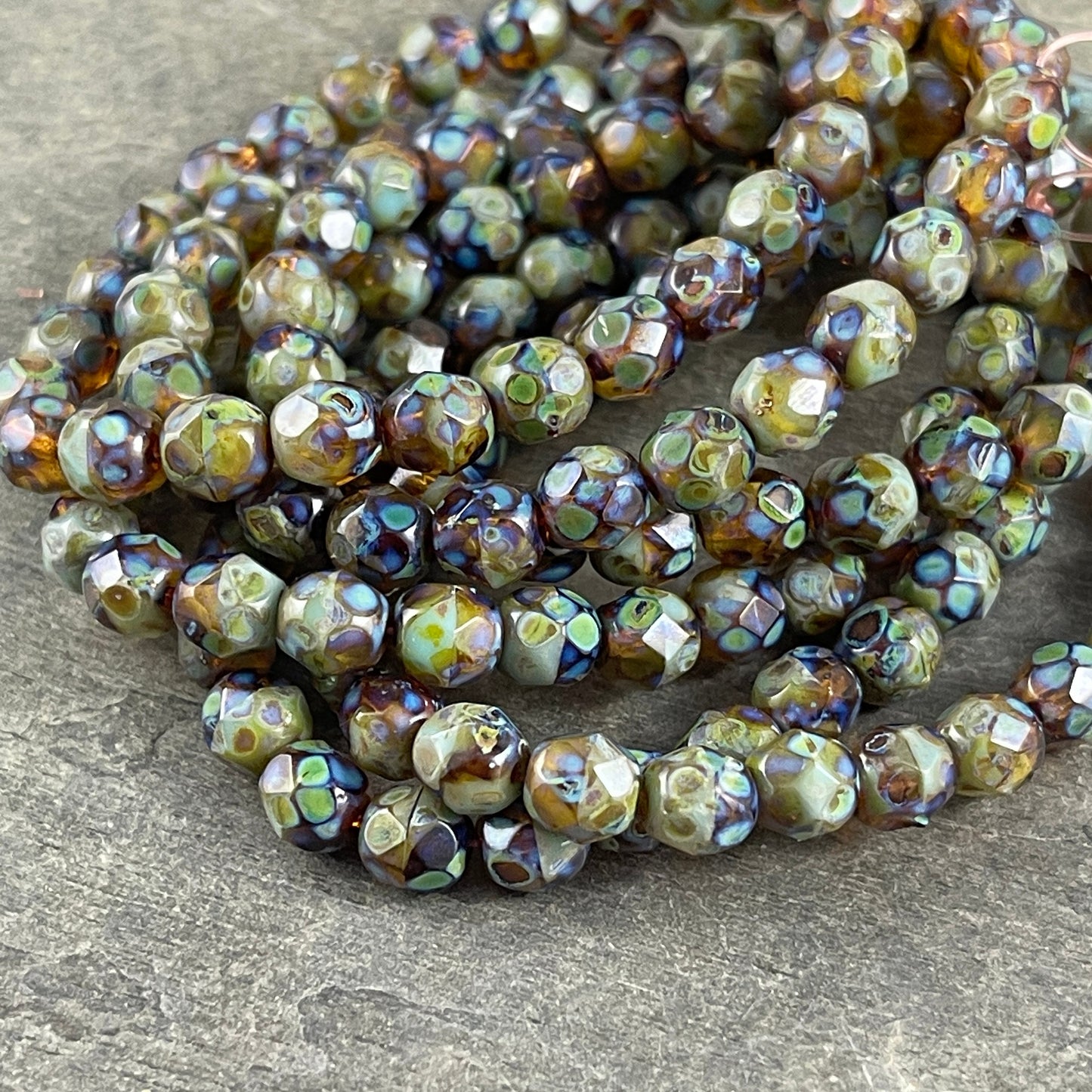 6mm Brown and Green Czech Glass Faceted Round Beads with Full Picasso Finish (FP6/N-034B) * Qty 25