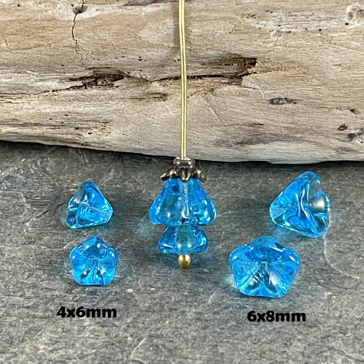 Small Aqua Czech Glass Bell Flower ~ Transparent Aqua Blue Glass Flower Beads (FL/6002) *