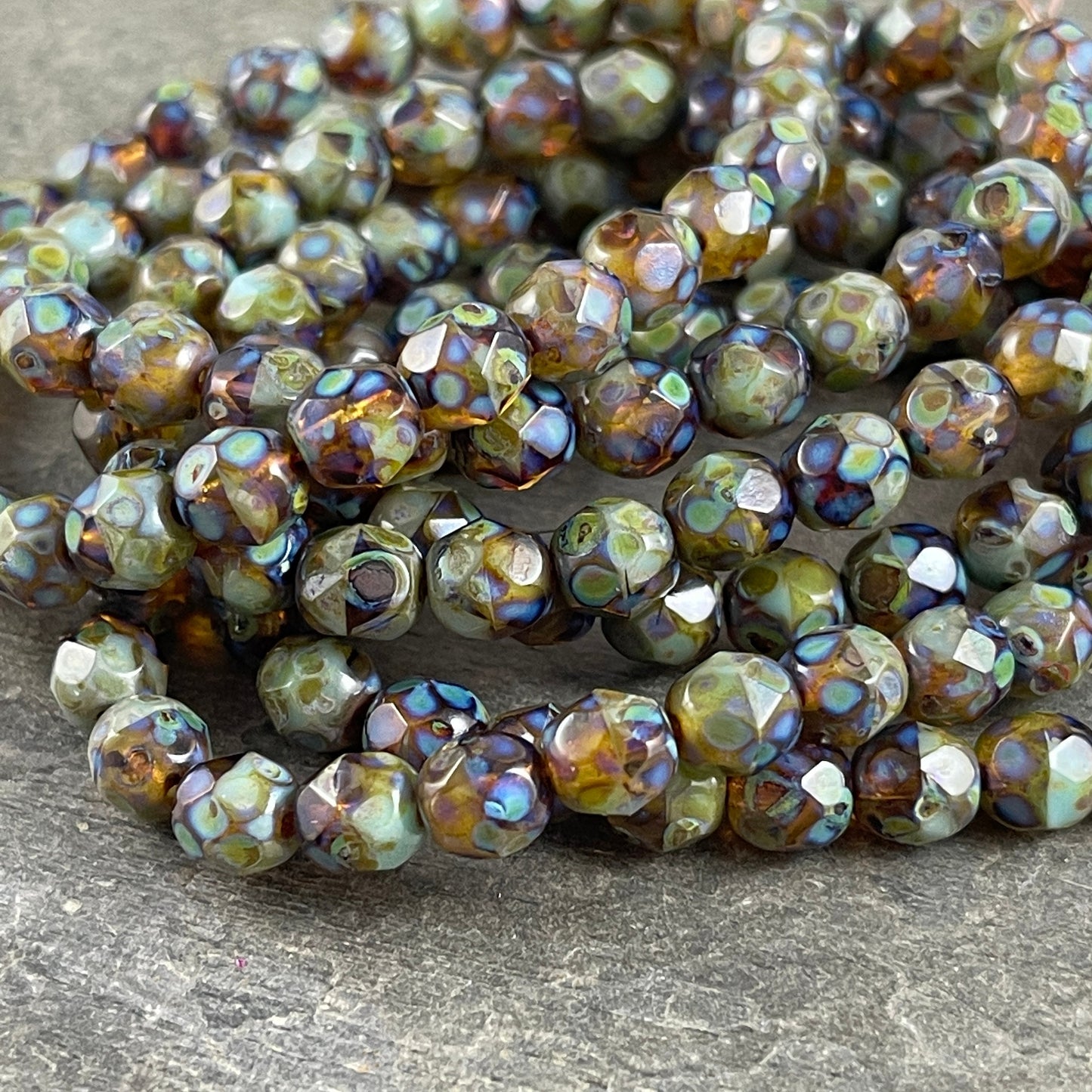 6mm Brown and Green Czech Glass Faceted Round Beads with Full Picasso Finish (FP6/N-034B) * Qty 25