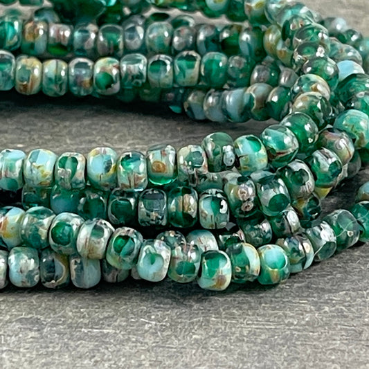 Green Faceted Trica Beads ~ Faceted 6/0 Seed Bead ~ 4x3mm Emerald Green and Sky Blue Picasso Seed Beads (TRICA/N-1196) * Qty. 50