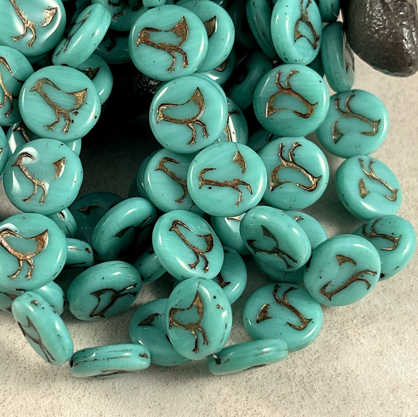 Turquoise and Bronze Bird Theme Beads Nature Beads Turquoise Green Czech Glass Beads 12mm Czech Glass Coin (COIN/RJ-4710) * Qty. 10