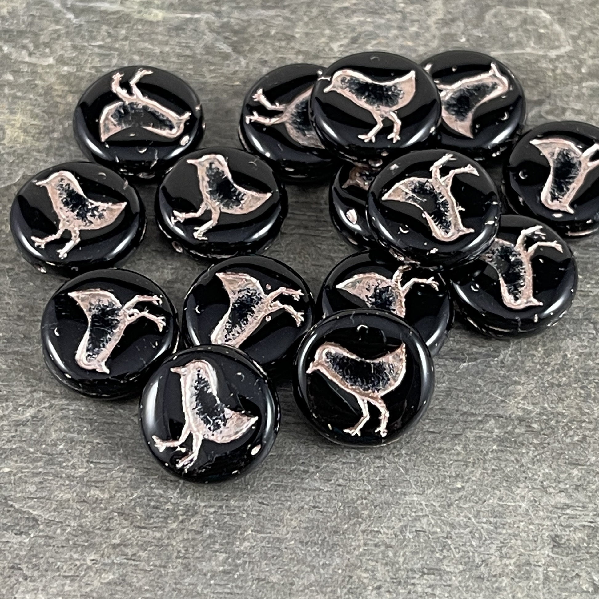 Black Czech Glass Beads - Bird Theme, Nature Beads - Black Glass with Platinum Wash 12mm Coin (COIN/RJ-4728) * Qty. 10