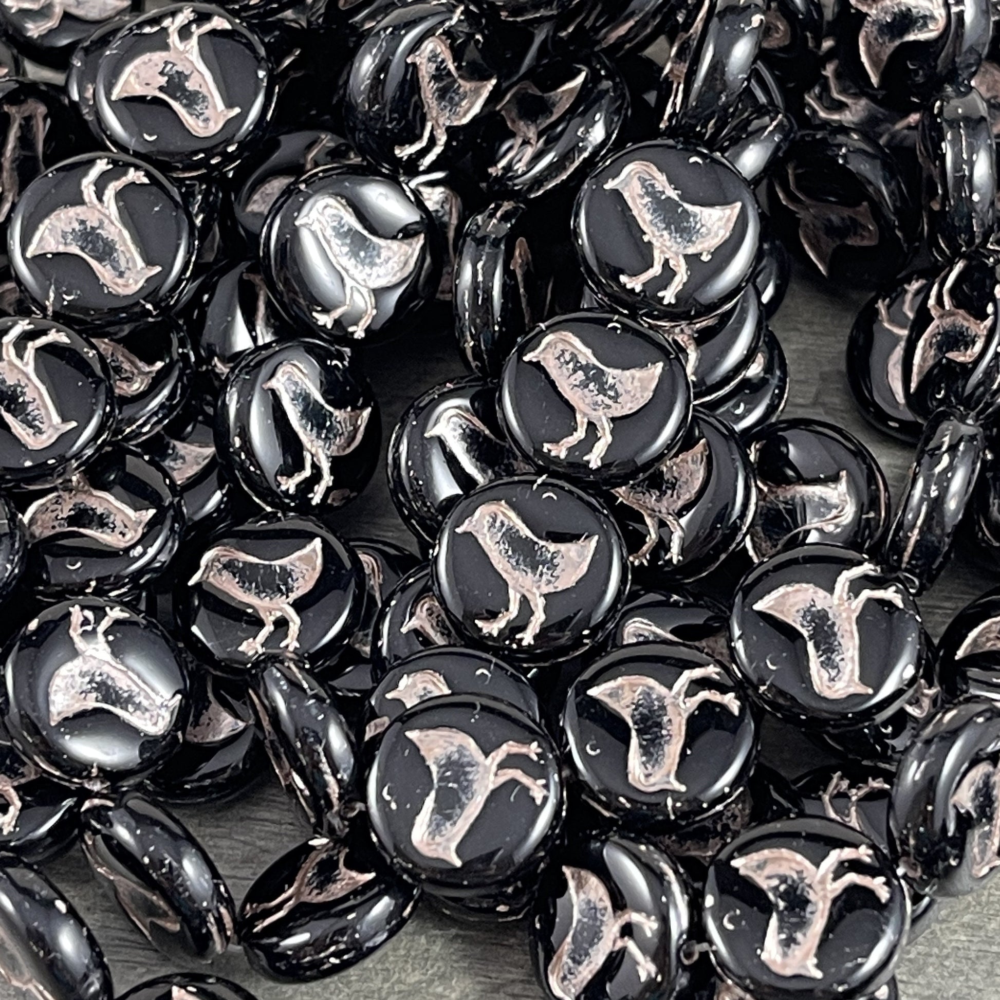 Black Czech Glass Beads - Bird Theme, Nature Beads - Black Glass with Platinum Wash 12mm Coin (COIN/RJ-4728) * Qty. 10