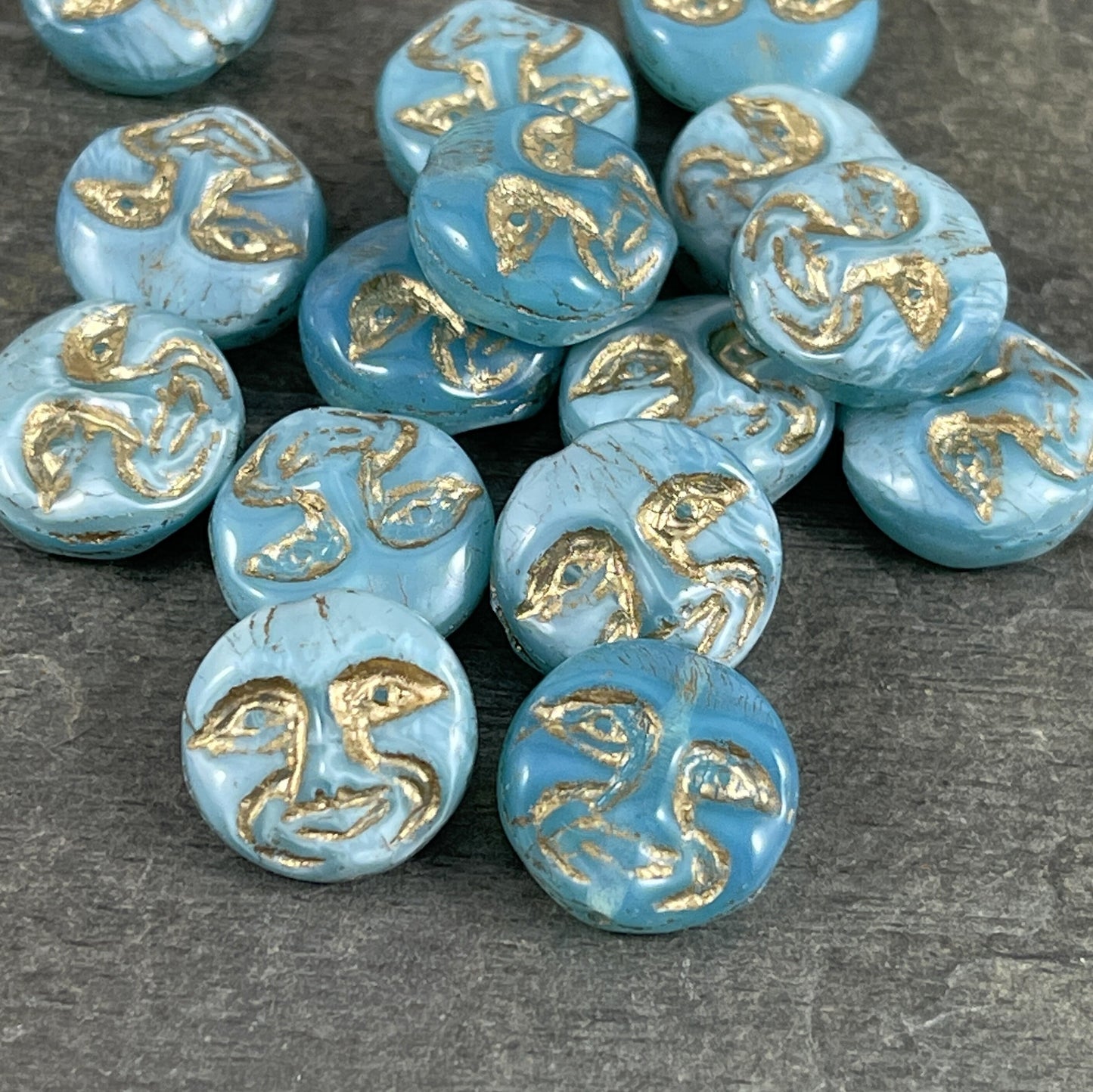 Aqua and Light Blue Silk Glass Man in the Moon Moon Face Beads Czech Glass Moon Beads Blue Silk and Gold Wash (MOON/RJ-4738) * Qty. 8