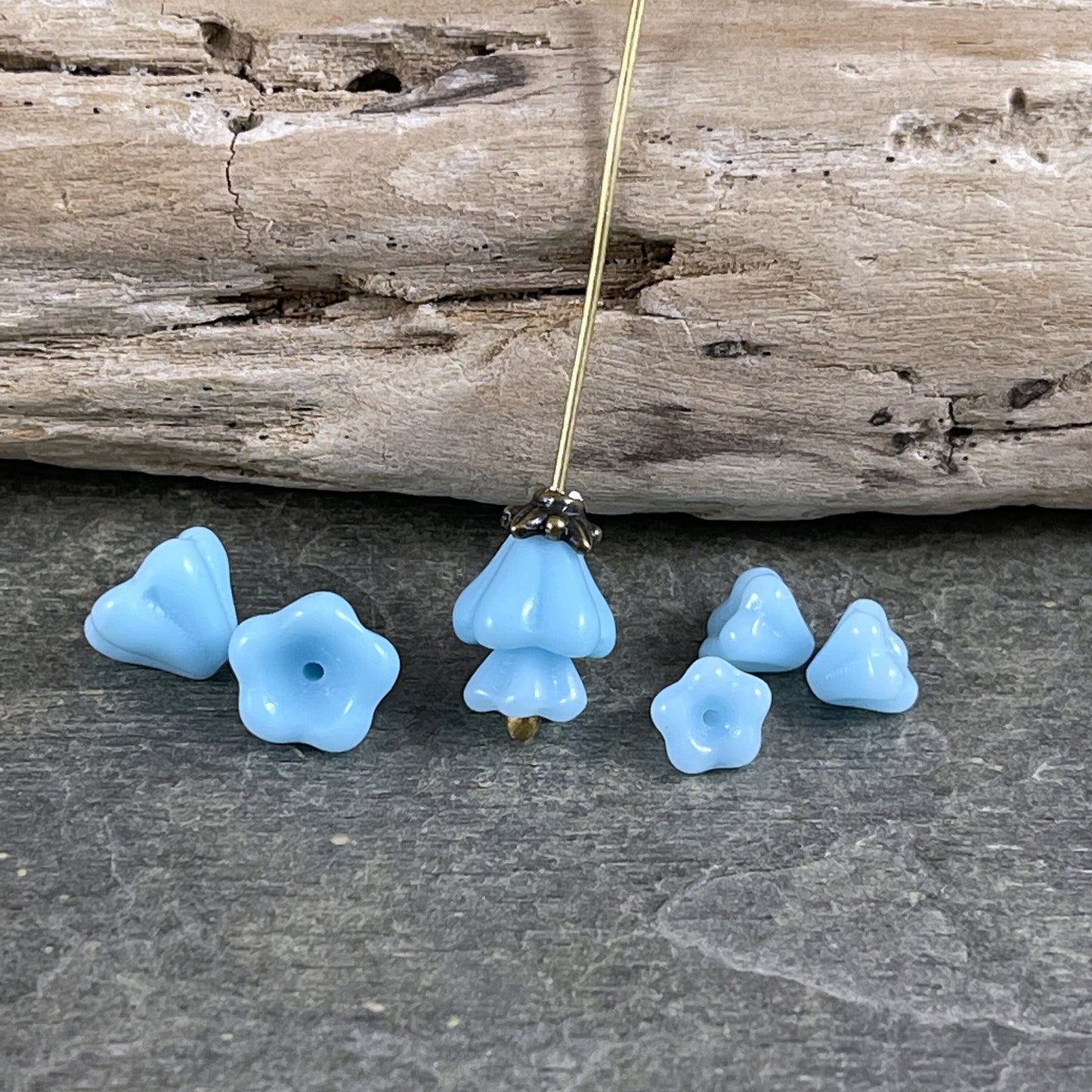 Light Blue Czech Glass Bell Flower Bead ~ Opaque Sky Blue Bell Flower (FL/6302) *