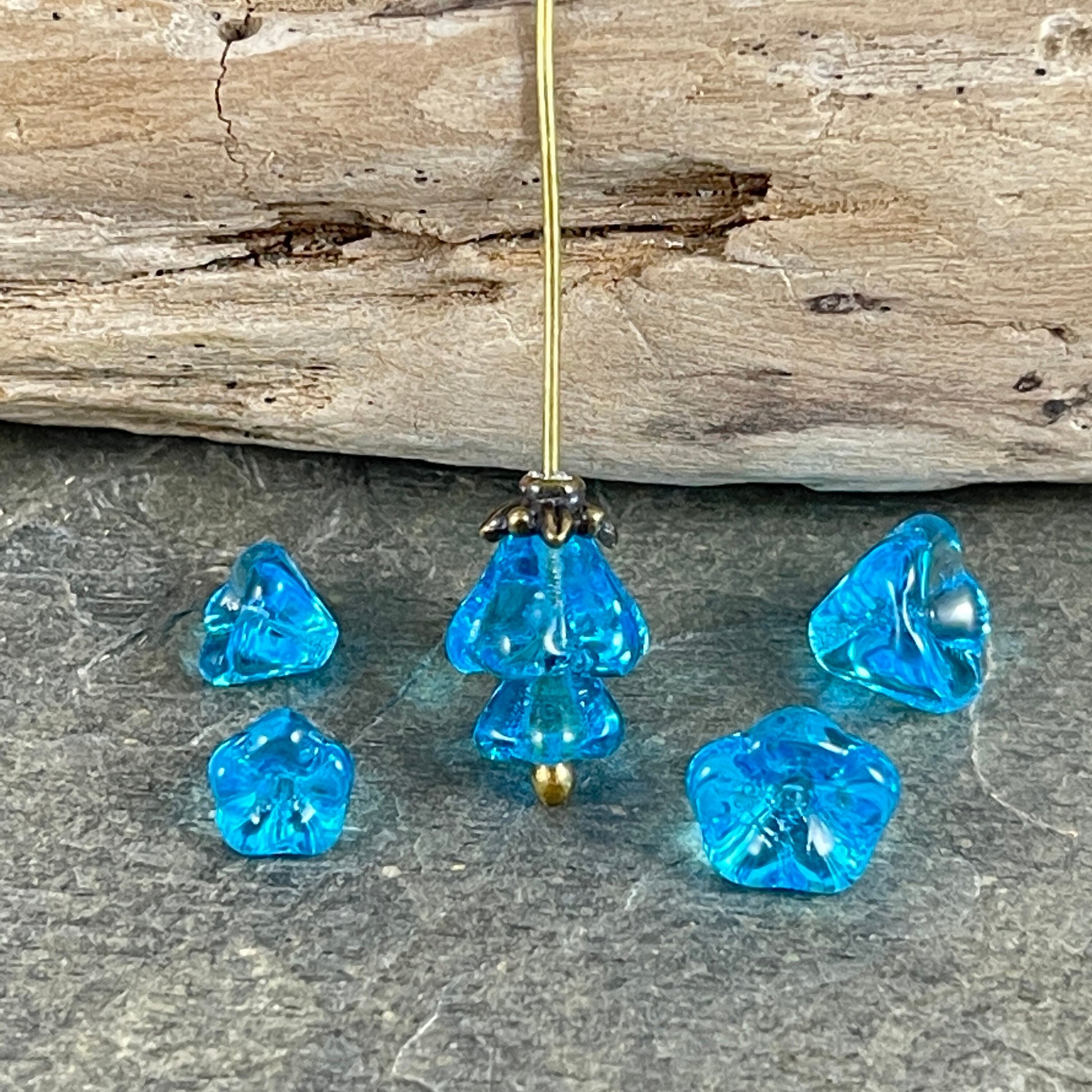 Small Aqua Czech Glass Bell Flower ~ Transparent Aqua Blue Glass Flower Beads (FL/6002) *