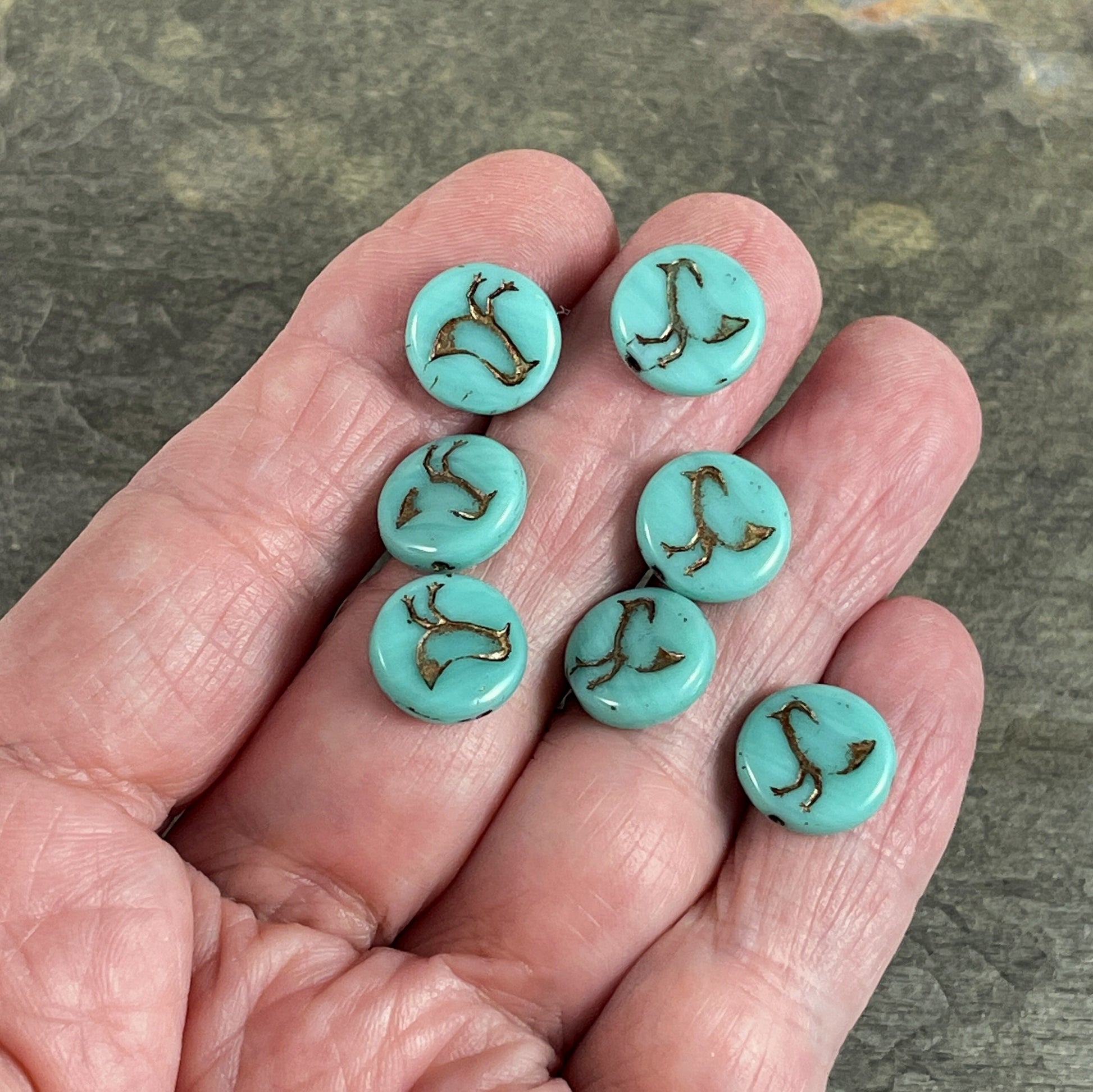 Turquoise and Bronze Bird Theme Beads Nature Beads Turquoise Green Czech Glass Beads 12mm Czech Glass Coin (COIN/RJ-4710) * Qty. 10