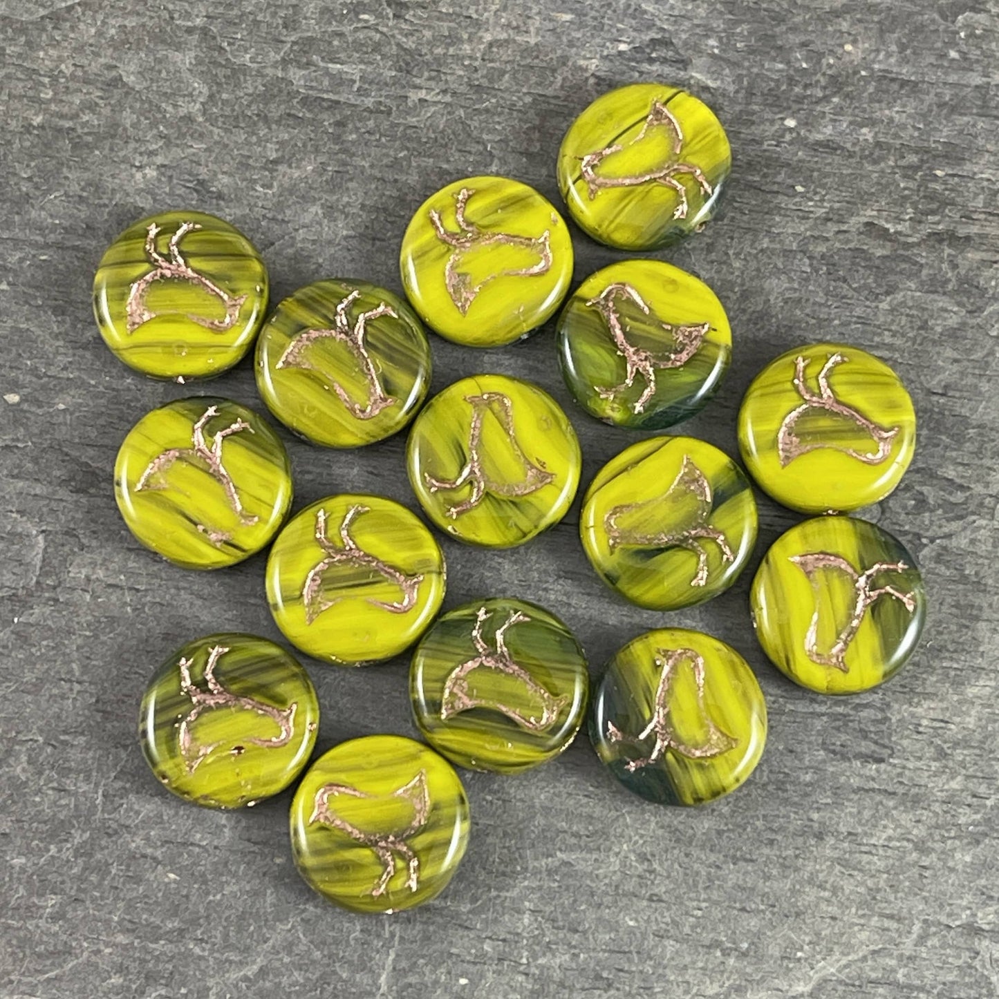 Two-Tone Green Czech Glass Coin Beads Bird Theme Nature Beads Emerald and Chartreuse Green 12mm Coin Beads (COIN/RJ-4706) * Qty. 10