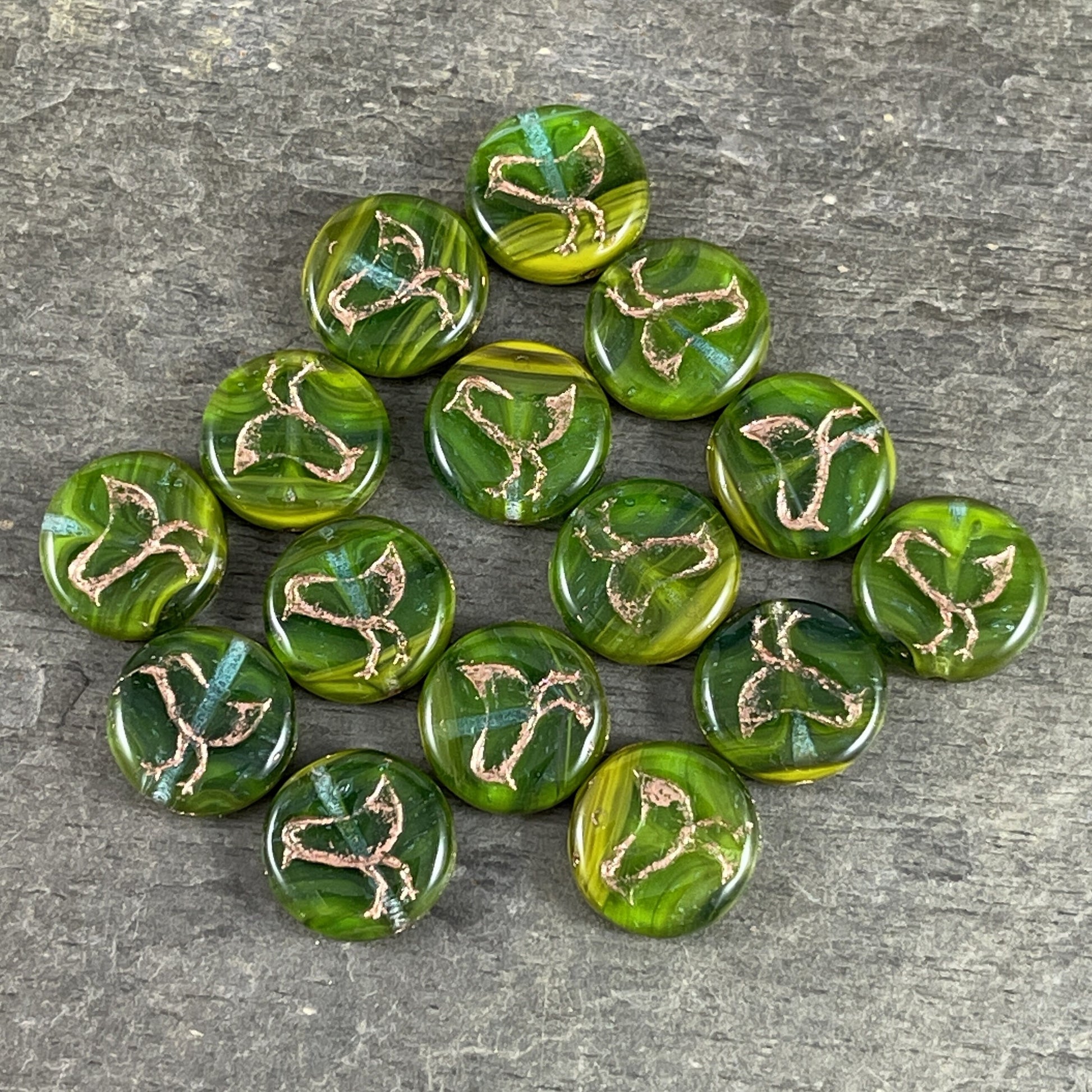 Two-Tone Green Czech Glass Coin Beads Bird Theme Nature Beads Emerald and Chartreuse Green 12mm Coin Beads (COIN/RJ-4706) * Qty. 10