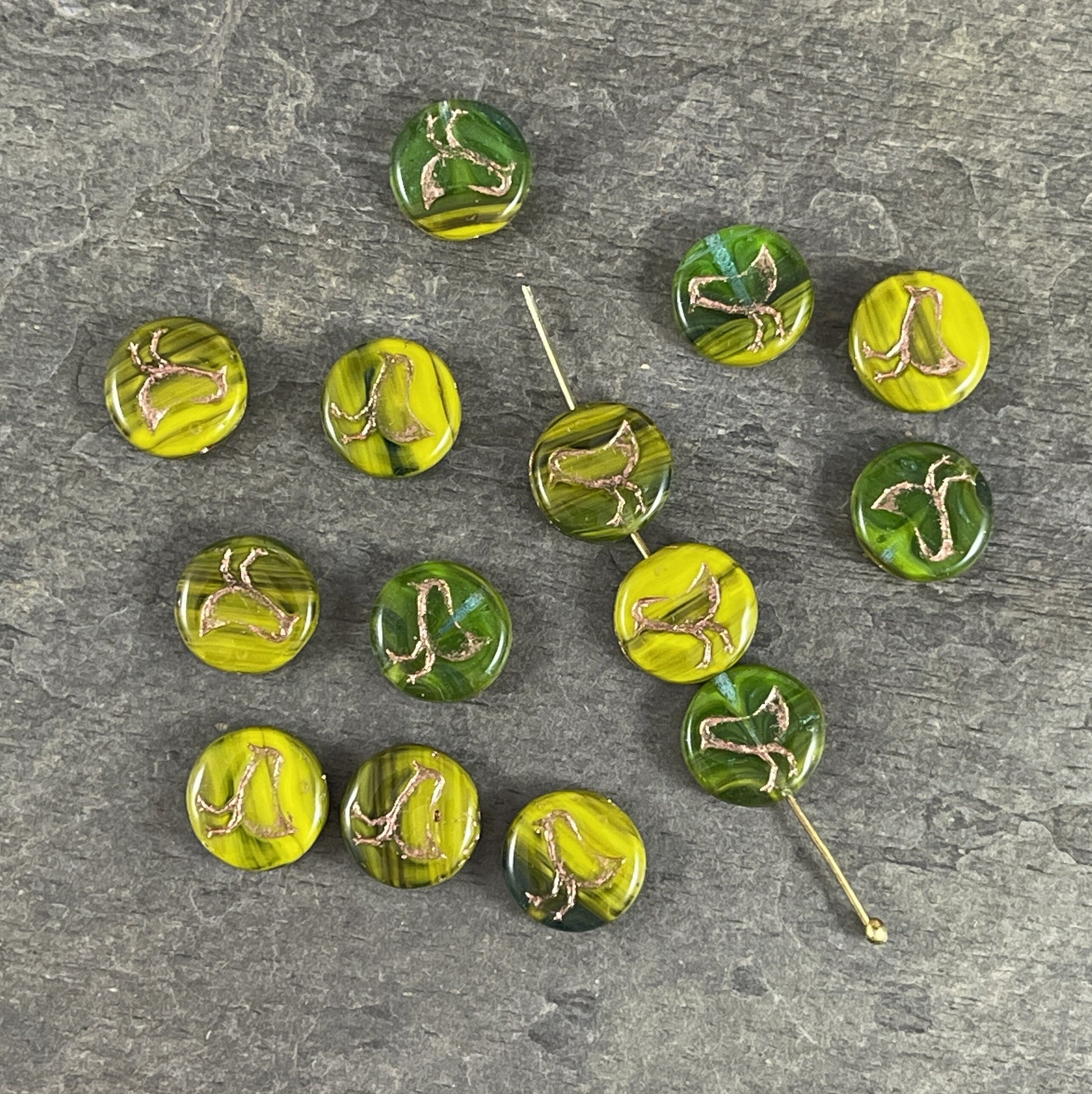 Two-Tone Green Czech Glass Coin Beads Bird Theme Nature Beads Emerald and Chartreuse Green 12mm Coin Beads (COIN/RJ-4706) * Qty. 10