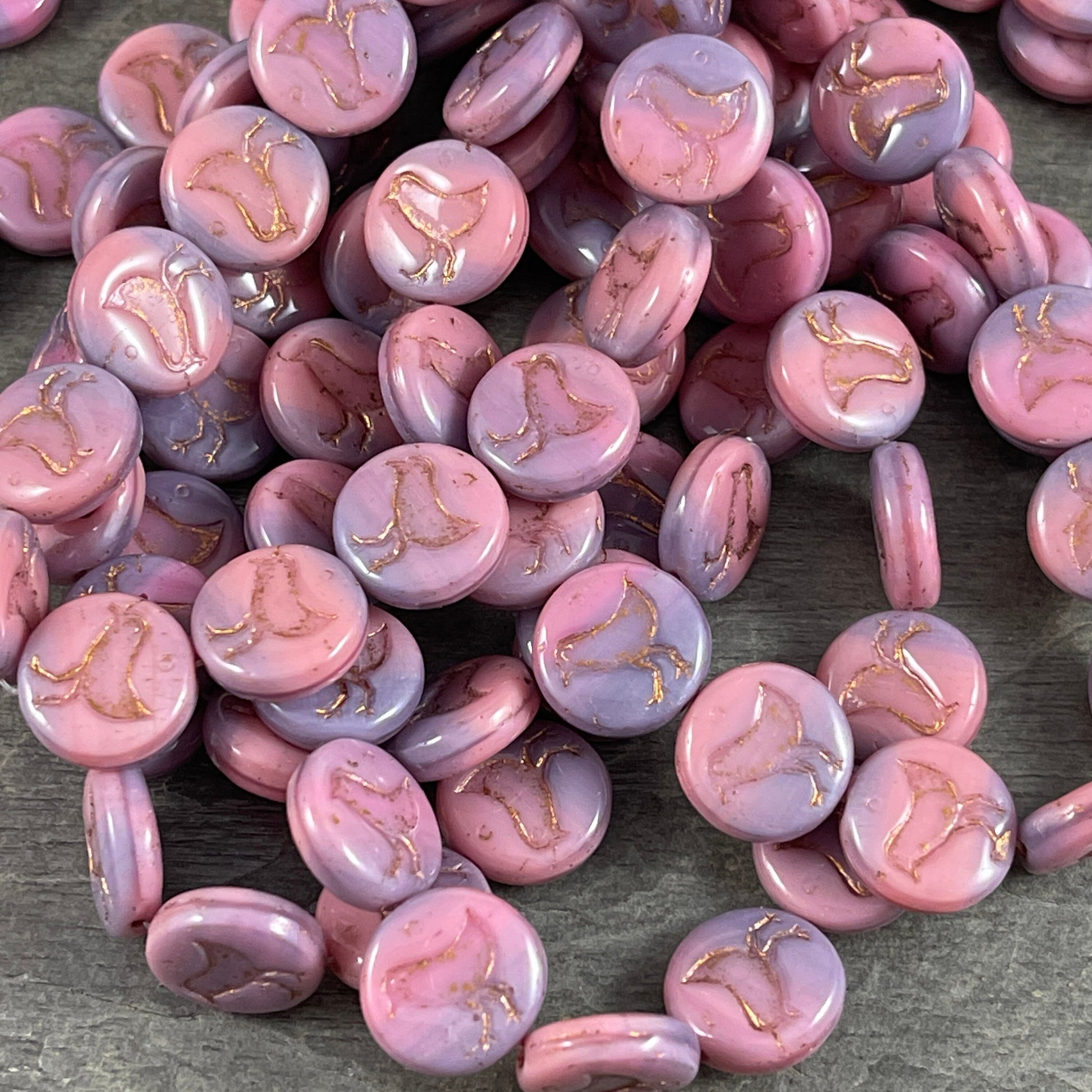 Pink and Purple Sunset Bird Theme Beads Nature Beads Pink and Purple Silk Czech Glass Beads 12mm Coin Beads (COIN/RJ-4708) * Qty. 10