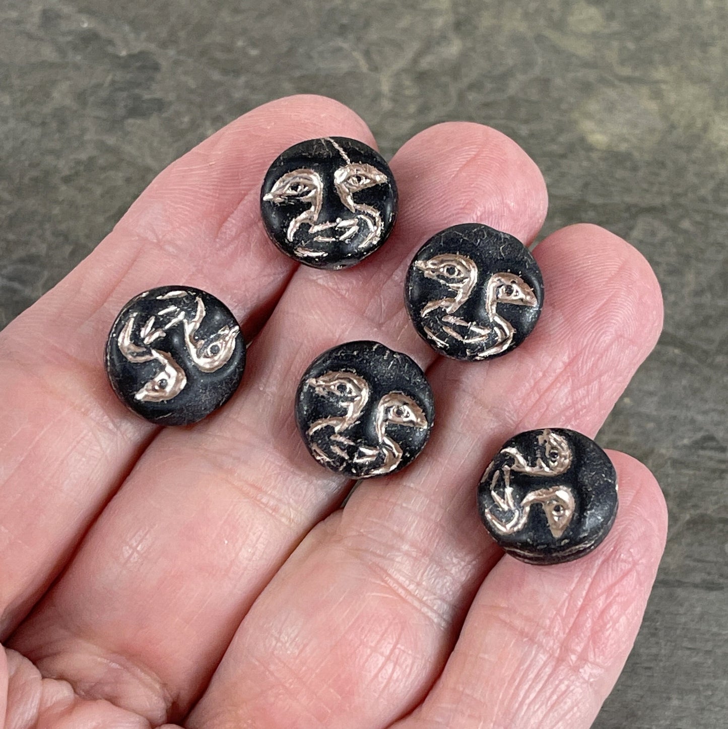 Black Matte Glass Man in the Moon Moon Face Beads Czech Glass Moon Beads Matte Opaque Black with Platinum Wash (MOON/RJ-4752) * Qty. 8