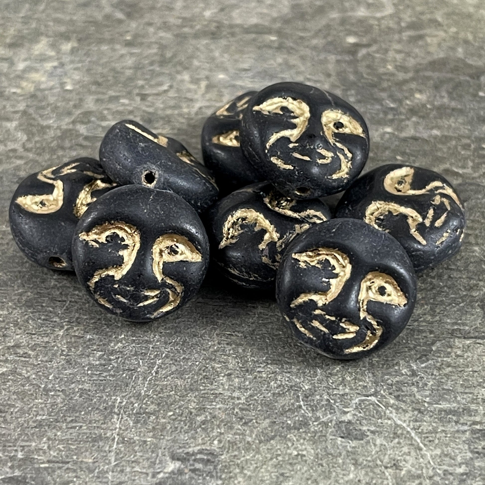 Black Matte Glass Man in the Moon Moon Face Beads Czech Glass Moon Beads Matte Opaque Black with Gold Wash (MOON/RJ-4740) * Qty. 8