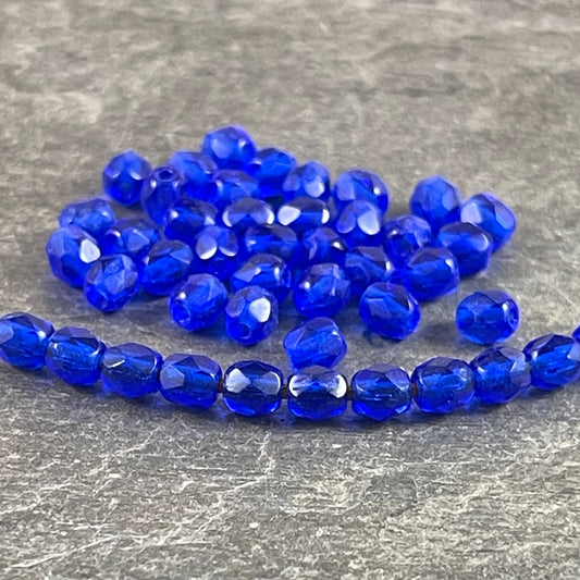 Small Cobalt Blue Beads 4mm Czech Glass Faceted Round Beads - Cobalt Blue Transparent Beads Czech Glass Beads (FP4/SM-3008) * Qty 50