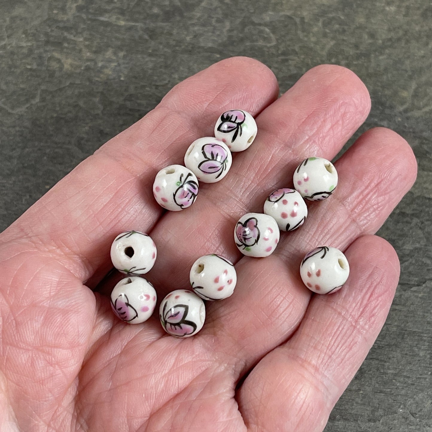 Ceramic Butterfly Beads 8-9mm Round White Porcelain Beads with Pink Butterfly Design Nature Theme (CB/Bfly) * 15 Beads 5.5" Strand