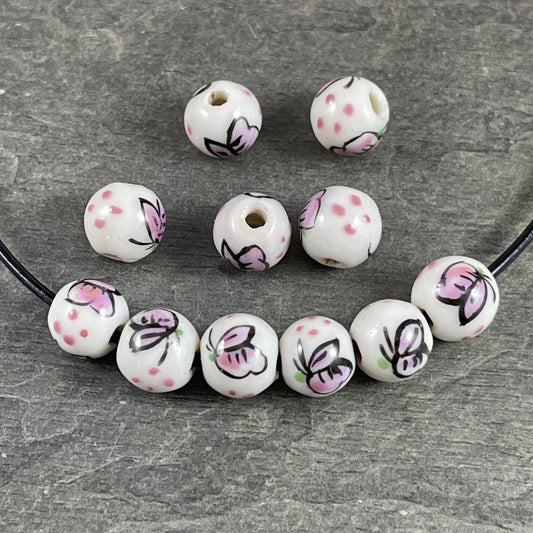 Ceramic Butterfly Beads 8-9mm Round White Porcelain Beads with Pink Butterfly Design Nature Theme (CB/Bfly) * 15 Beads 5.5" Strand