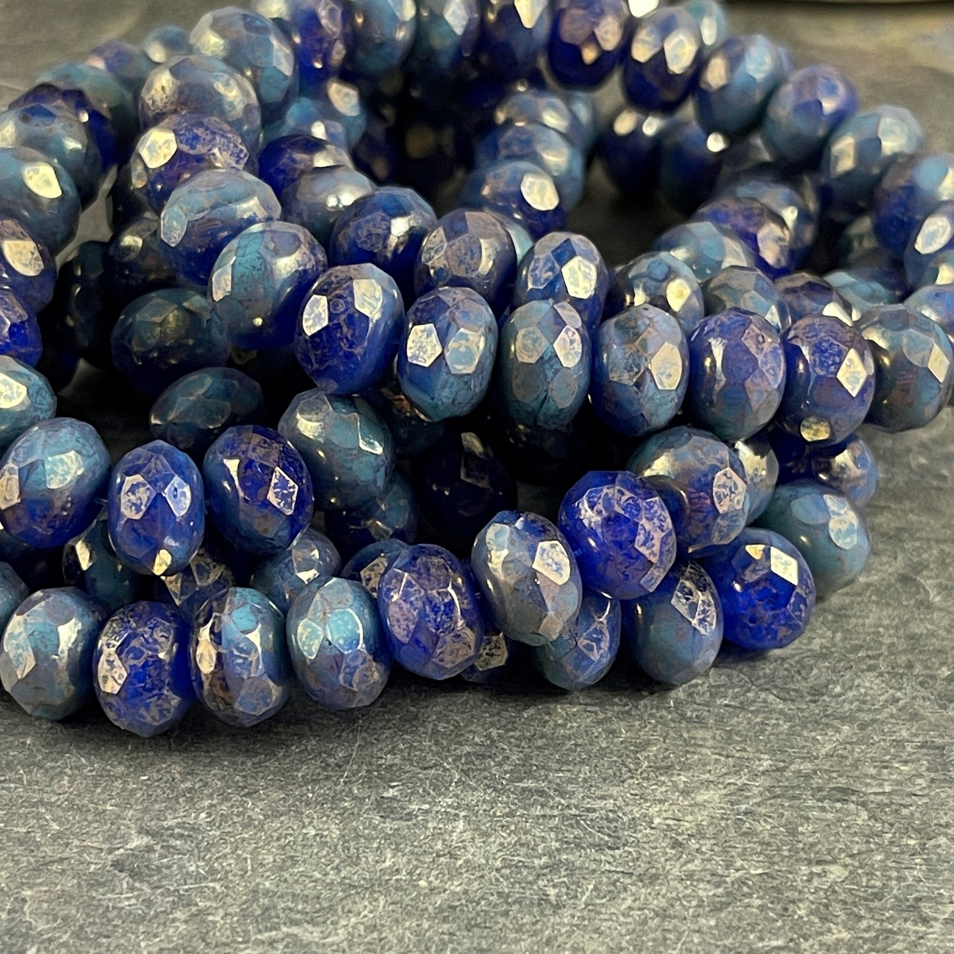 Two Tone Blue Rondelles Czech Beads 8x6mm Rondelle Czech Glass Beads - Cobalt and Turquoise with Gold Marble Luster (R8/RJ-2729) *