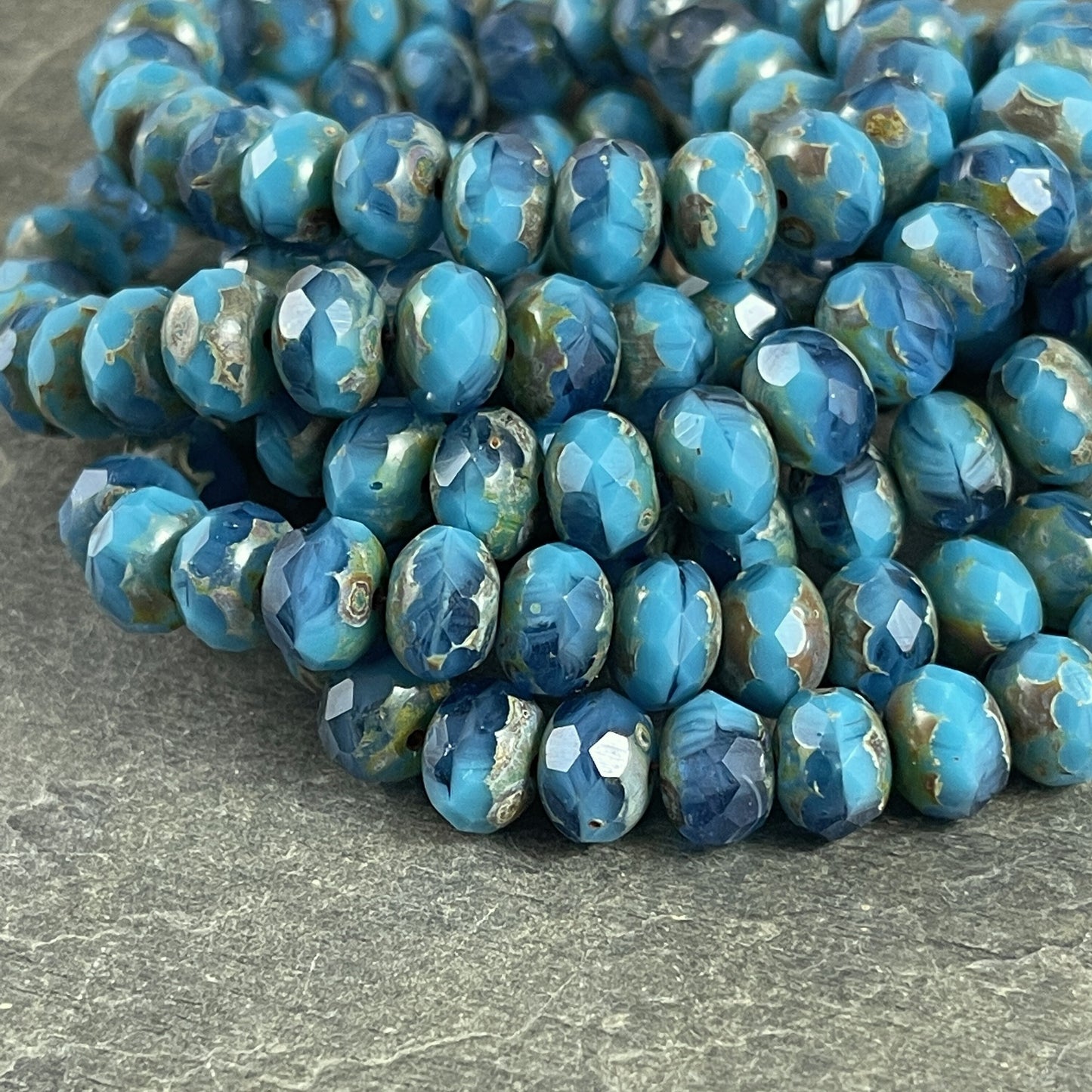 Turquoise Blue Rondelles Czech Beads 8x6mm Rondelle Czech Glass Beads - Turquoise and Capri Blue with Picasso Finish (R8/RJ-2743) *