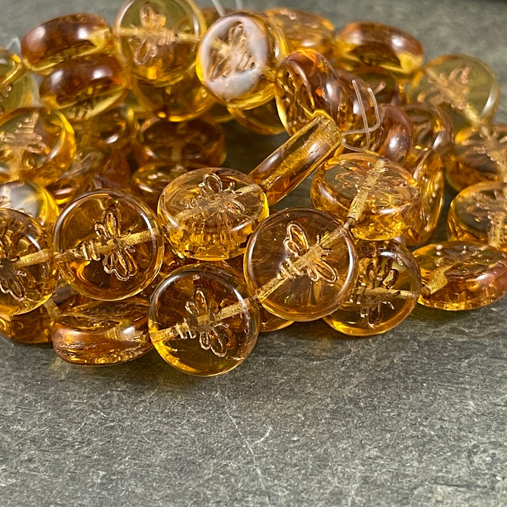 12mm Coin Beads Czech Glass Beads with Cute Bumble Bee Transparent Honey Gold Nature Theme Beads (COIN/RJ-4817) - Qty. 6