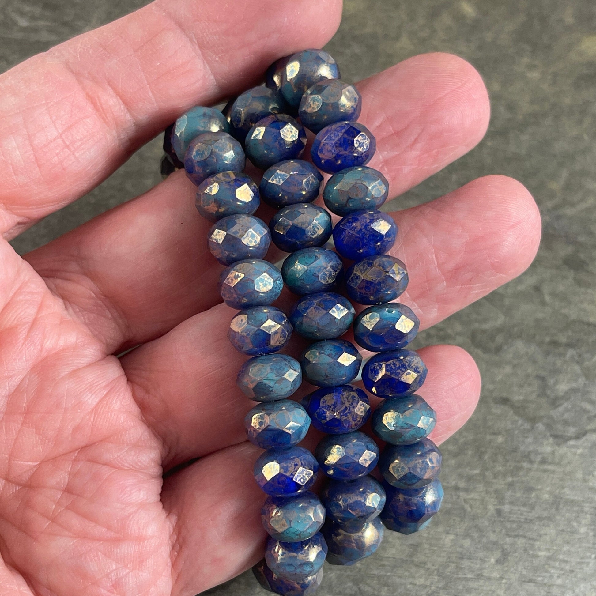 Two Tone Blue Rondelles Czech Beads 8x6mm Rondelle Czech Glass Beads - Cobalt and Turquoise with Gold Marble Luster (R8/RJ-2729) *