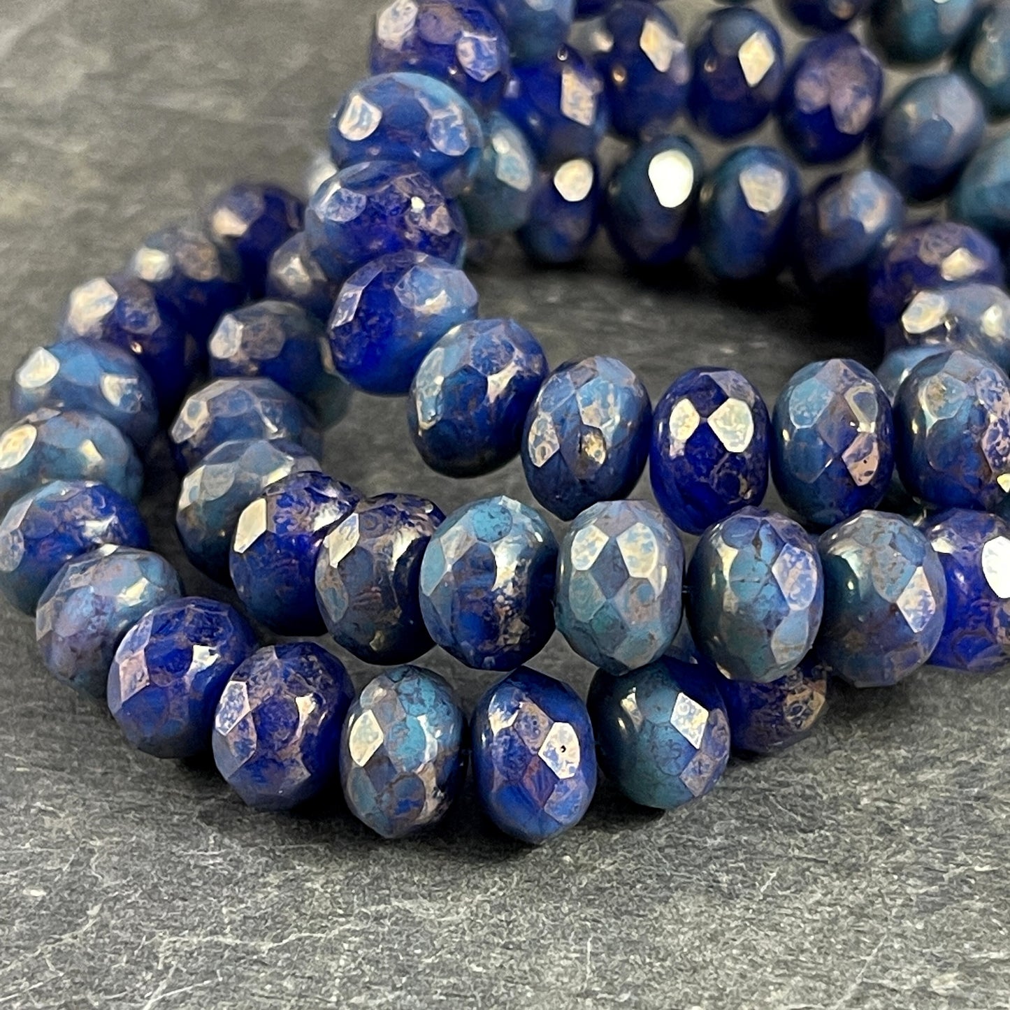 Two Tone Blue Rondelles Czech Beads 8x6mm Rondelle Czech Glass Beads - Cobalt and Turquoise with Gold Marble Luster (R8/RJ-2729) *