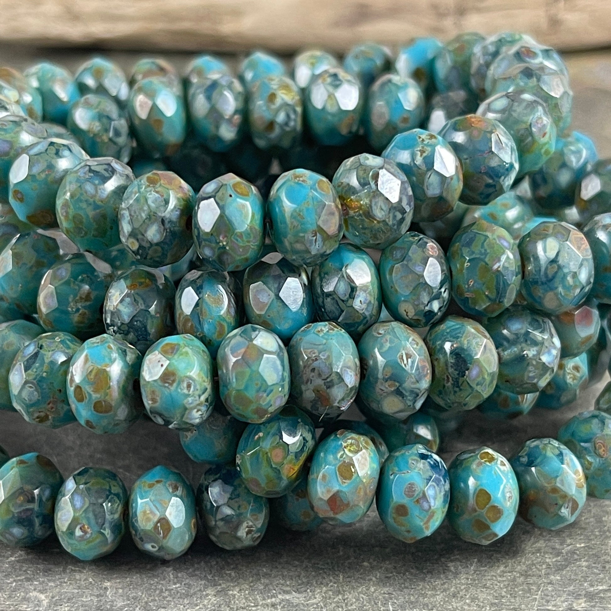 Teal Turquoise and Montana Blue with Full Picasso 8x6mm Rondelle Czech Glass Beads - Multi Color Blues with Picasso Finish (R8/RJ-2734) *