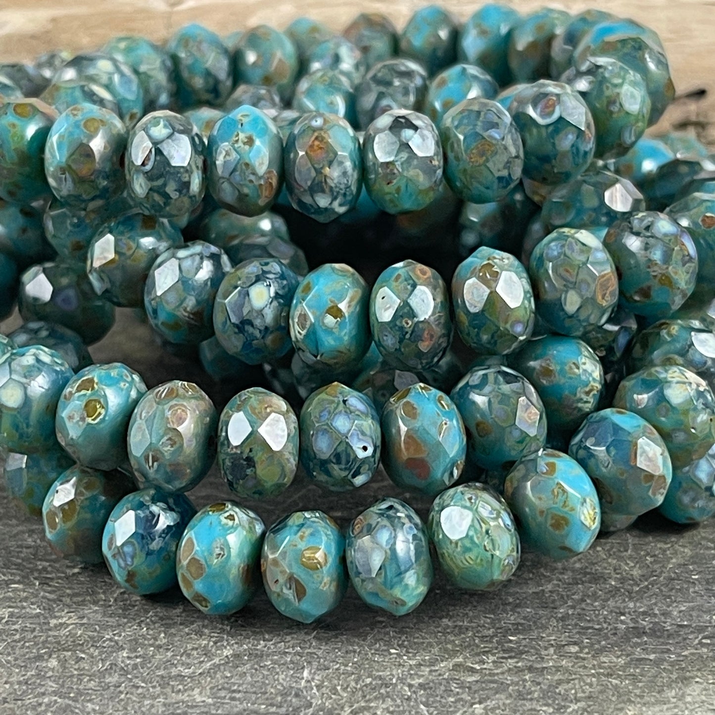 Teal Turquoise and Montana Blue with Full Picasso 8x6mm Rondelle Czech Glass Beads - Multi Color Blues with Picasso Finish (R8/RJ-2734) *