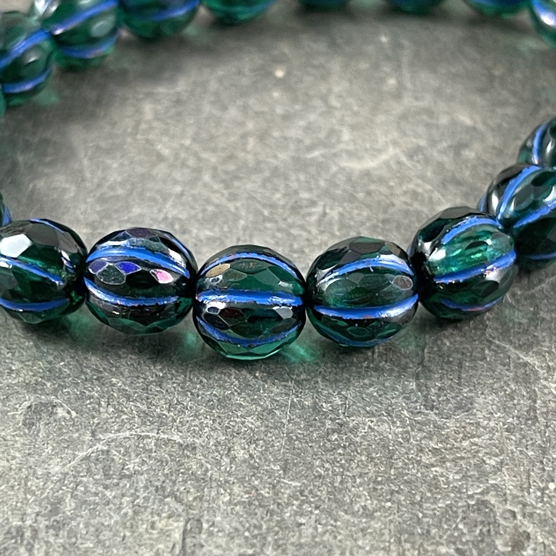 8mm Faceted Blue Green Faceted Melon Shape Beads ~ Czech Glass Beads ~ Emerald and Cobalt with Blue Wash (8FM/N-1781) * Qty. 10