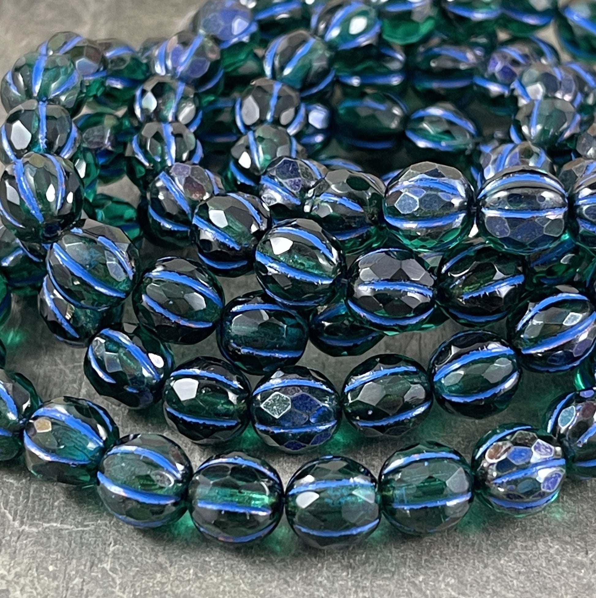 8mm Faceted Blue Green Faceted Melon Shape Beads ~ Czech Glass Beads ~ Emerald and Cobalt with Blue Wash (8FM/N-1781) * Qty. 10