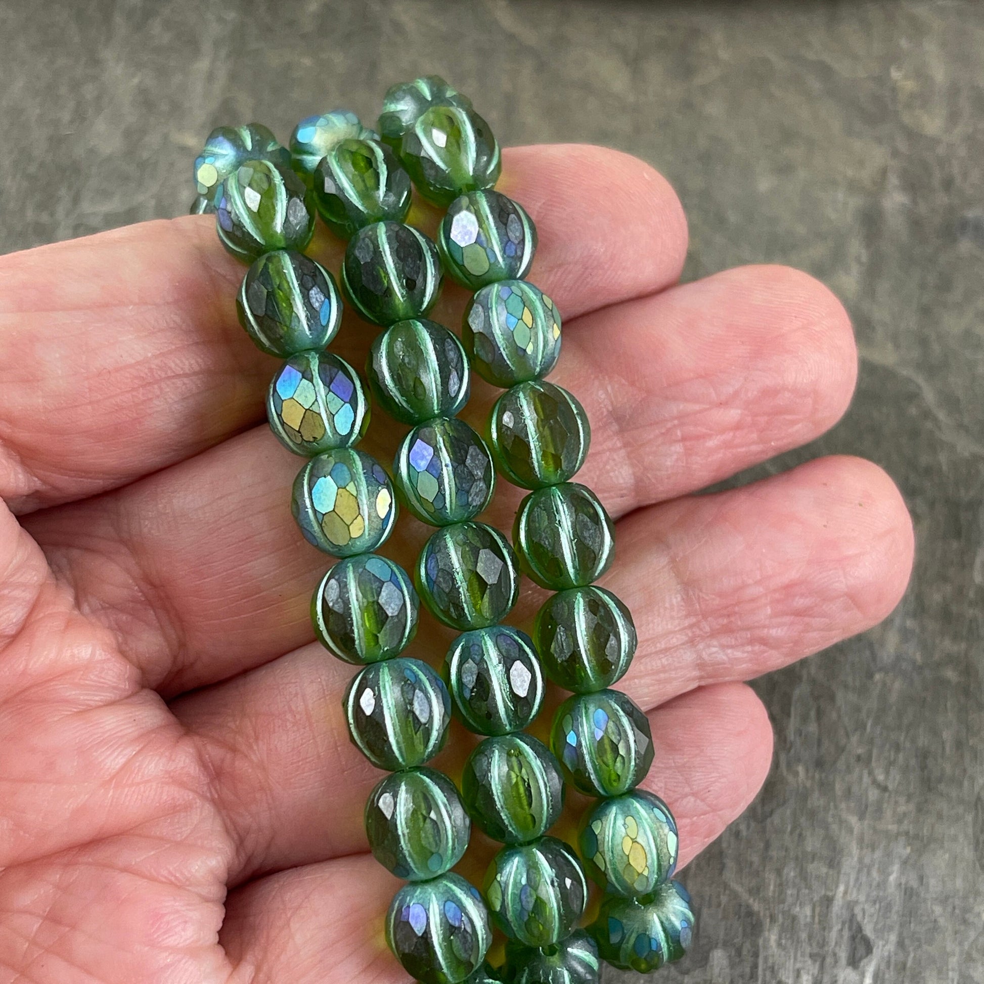 Matte Peridot with AB and Metallic Green Wash 8mm Faceted Melon Shape Beads Green Czech Glass Beads (8FM/N-1763) * Qty. 10